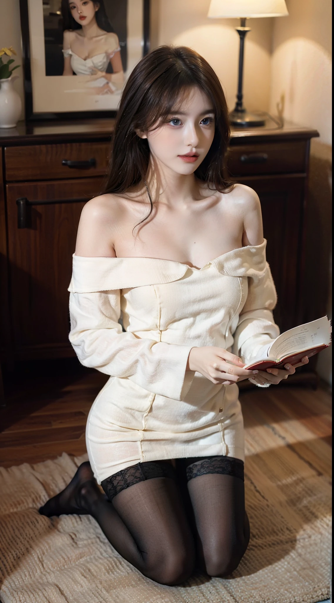 ((best quality)), ((masterpiece)), (detailed), 1girl, off-shoulder white shirts, oversized shirts with collar, chest, cleavage, (small breast:1.2) (breast gap:1.6), necklace, full body, no pants on