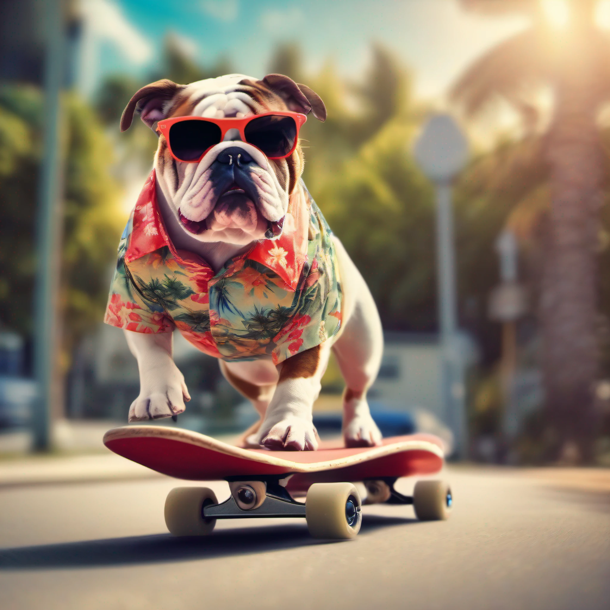 ((Bulldog wearing Aloha shirt and sunglasses gallops on a skateboard through a suburban street、Speedy and flowing background)):1.8、masutepiece、A hyper-realistic、Highly detailed background,Realistic,ultra-detailliert,super detailed skin,light glow,Film grain,Expro II,Lens Flare,Sharpen,cinematic shadow