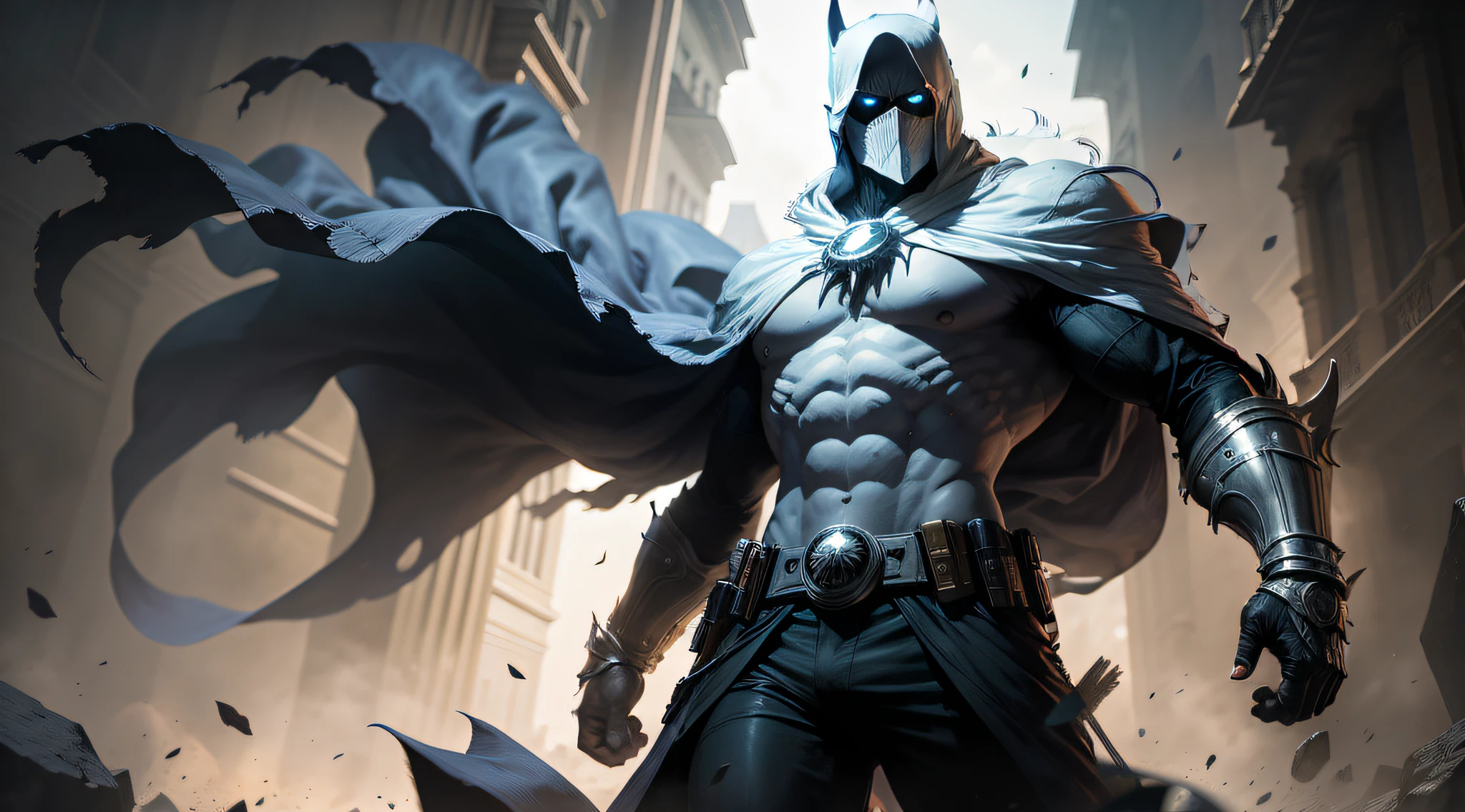 Moon Knight от Marvel Comics, fantasy setting, Dynamic poses, whitebackground, Character concept, character art, Character portrait, tmasterpiece, beste-Qualit, best resolution, 8K