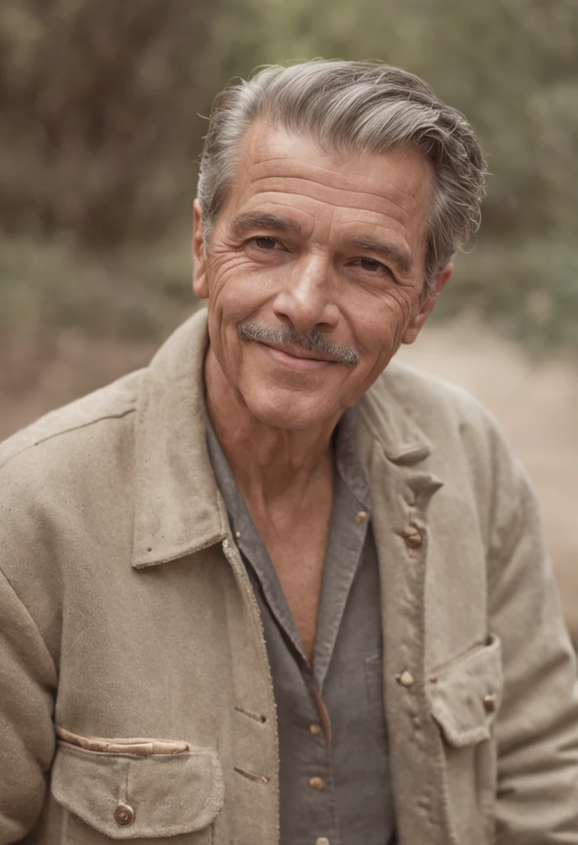 (masterpiece:1.5, best quality:1.2, low quality:0.9), fotografia realista granulada nos anos 60, homem bonito sorrindo, banco
