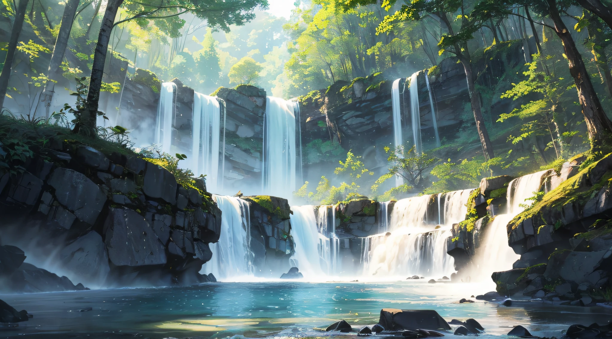 waterfallr,High hills,Bright light of flowing water、A high resolution、ultra - detailed,,Create an image using a prism effect,Light refracts and creates colorful、A kaleidoscopic look。 BREAK , design an image with fisheye lens effect,Capture a wide field of view with a unique curved perspective。 BREAK,Capture forest trails,towering trees,Dappled sunlight,Tranquil natural beauty。