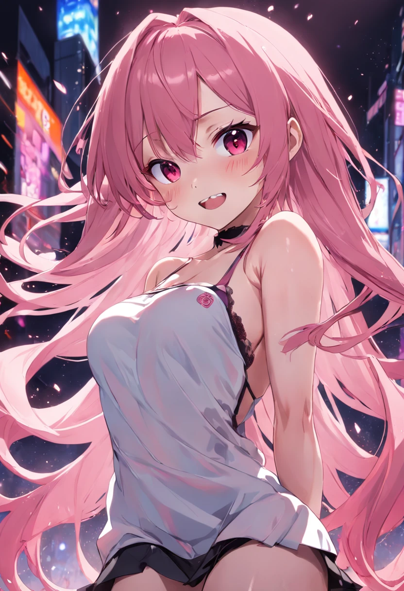 Sex addiction、(NSFW:1.4)、 huge tit、ar old、 shots,Smiling anime girl, Pink hair, hair messy, Red Eyes, Cute face, Appearance of girlfriend, White top, Black short skirt, Sensual Pose