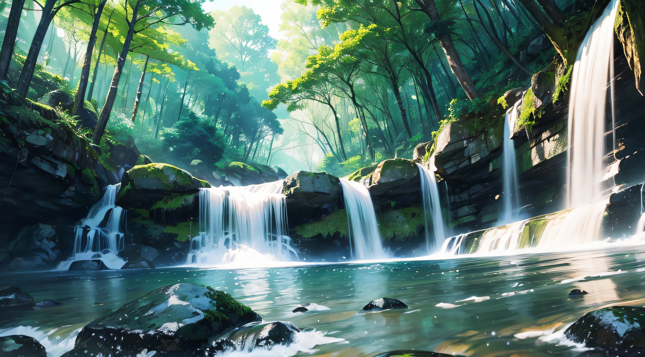 waterfallr,High hills,Bright light of flowing water、A high resolution、ultra - detailed,,Create an image using a prism effect,Light refracts and creates colorful、A kaleidoscopic look。 BREAK , design an image with fisheye lens effect,Capture a wide field of view with a unique curved perspective。 BREAK,Capture forest trails,towering trees,Dappled sunlight,Tranquil natural beauty。