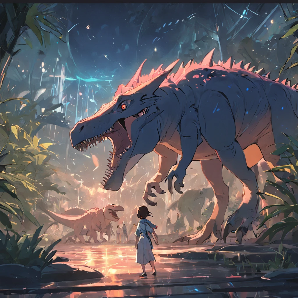 A man with an umbrella standing in the rain next to a dinosaur, Andreas Rocha style, Igor Kieryluk, threatening look, beeple style, Andrey ryabovichev, trex, ultra-realistic, amazing photo, inspired by Chris LaBrooy, ( 8k, RAW photo, best quality, masterpiece: 1.2), detailed skin, professional lighting, photography, clear focus, detailed, professional lighting , photon mapping, detailed and complex environments, highly detailed, best quality, 8k Art Photography, Realistic Concept Art, Soft Natural Volume Film Perfect Light, MIDJOURNEY, 3DMDT