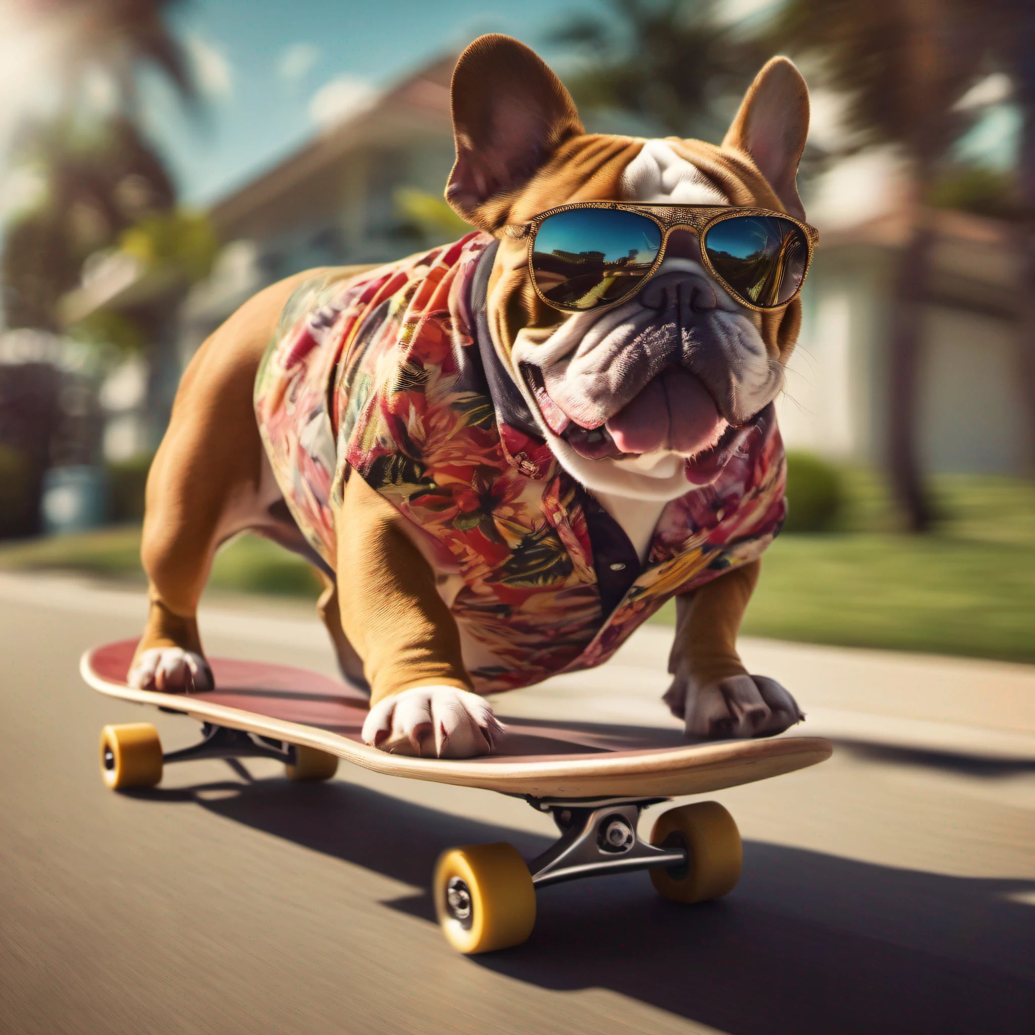 ((Bulldog wearing Aloha shirt and sunglasses gallops on a skateboard through a suburban street、Speedy and flowing background)):1.8、masutepiece、A hyper-realistic、Highly detailed background,Realistic,ultra-detailliert,super detailed skin,light glow,Film grain,Expro II,Lens Flare,Sharpen,cinematic shadow
