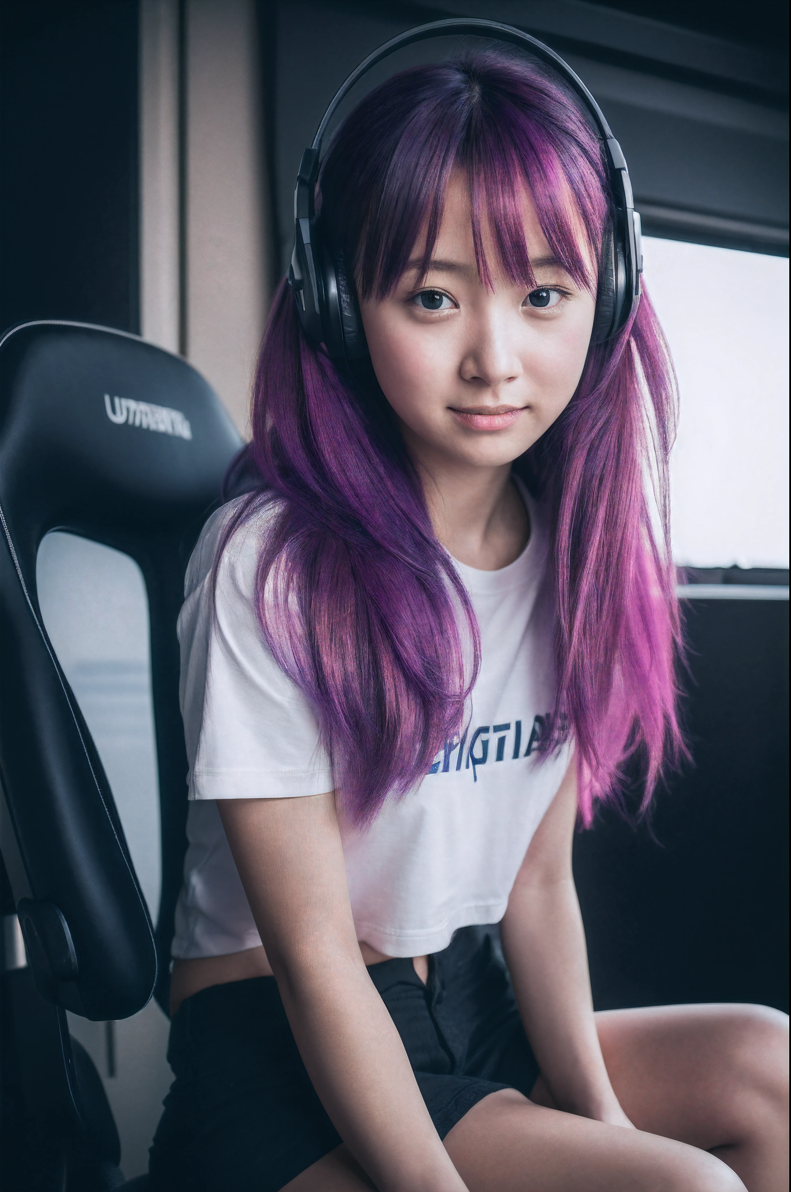 (8k,RAW portrait of girl,80mm,ultra high res,best quality,japanese girl,idol,cute,playing a game on one's PC,gamer,sitting on gaming chair,wearing headset,holding game controler(darkened room:1.2),oversized t-shirts,sports shorts,(natural skin texture,detailed skin, hyperrealism,ultra sharpness),intricate details,high resolution, natural lighting,:1.1)
bloom,sad smile,colored inner hair,tareme,muscular female,yuri,very long hair,from above,stage lights,europian,messy hair,looking to the side,portrait,woman,no nose,shorts,side ponytail,ahoge,
colorfull,sunset,vivid,violet