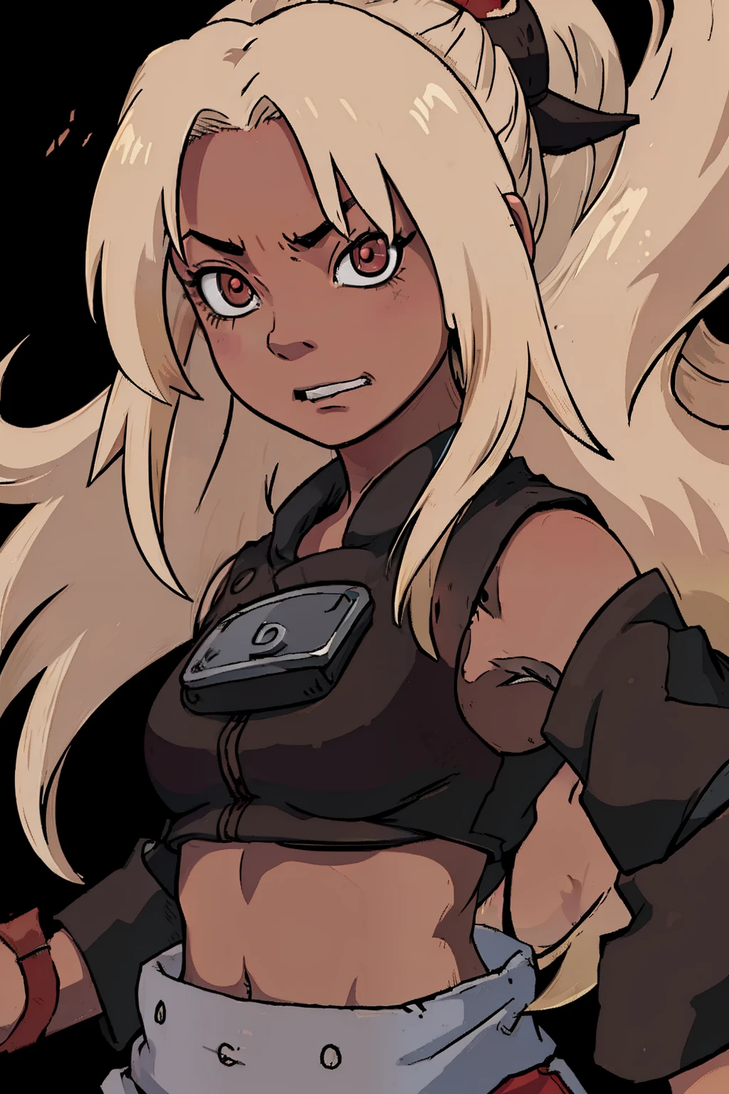 close up, (((dark skin))), blonde hair, messy hair, red eyes, black tube top, naruto artstyle, serious expression, inuzuka, small breasts