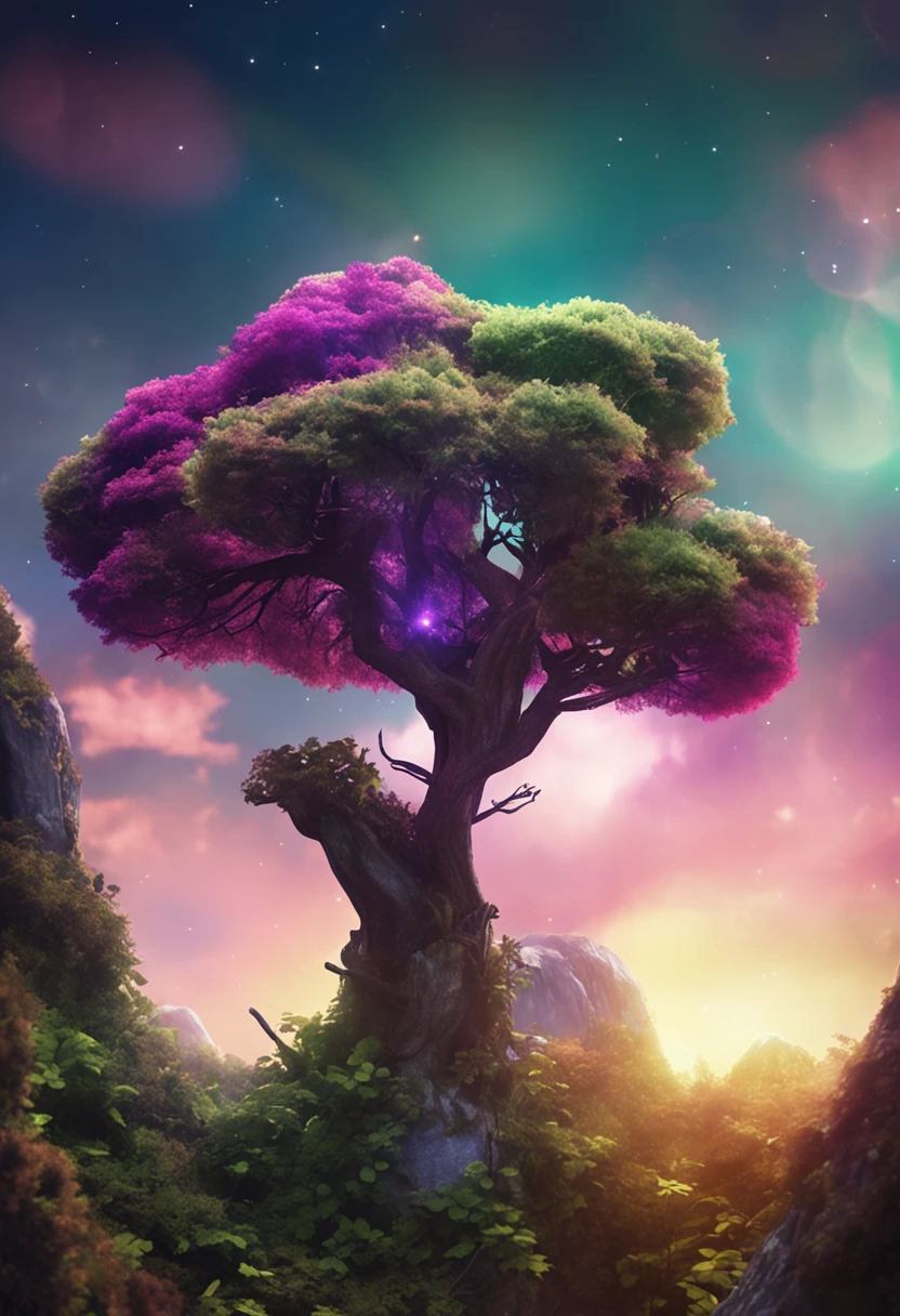 pokebola roxa entre aberta com brilho misterioso saindo de dentro , cenario parte inferior de uma arvore com vista para floresta densa e escura hiper detalhado hiper colorido 8k