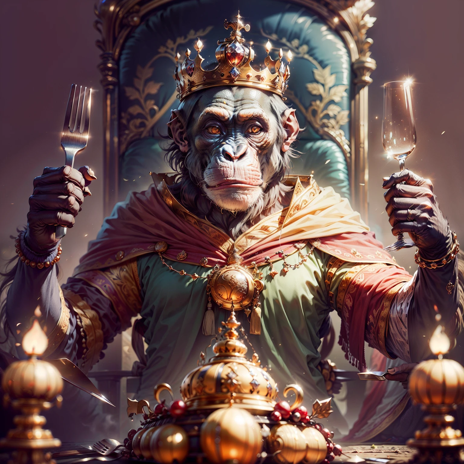 Chimpanzee King,,((Elegant)),, monarch, spiritual, which are full of confidence, With crown and highly detailed props, Black background, Facing the camera,, masutepiece,,((masutepiece))Holding a fork and knife