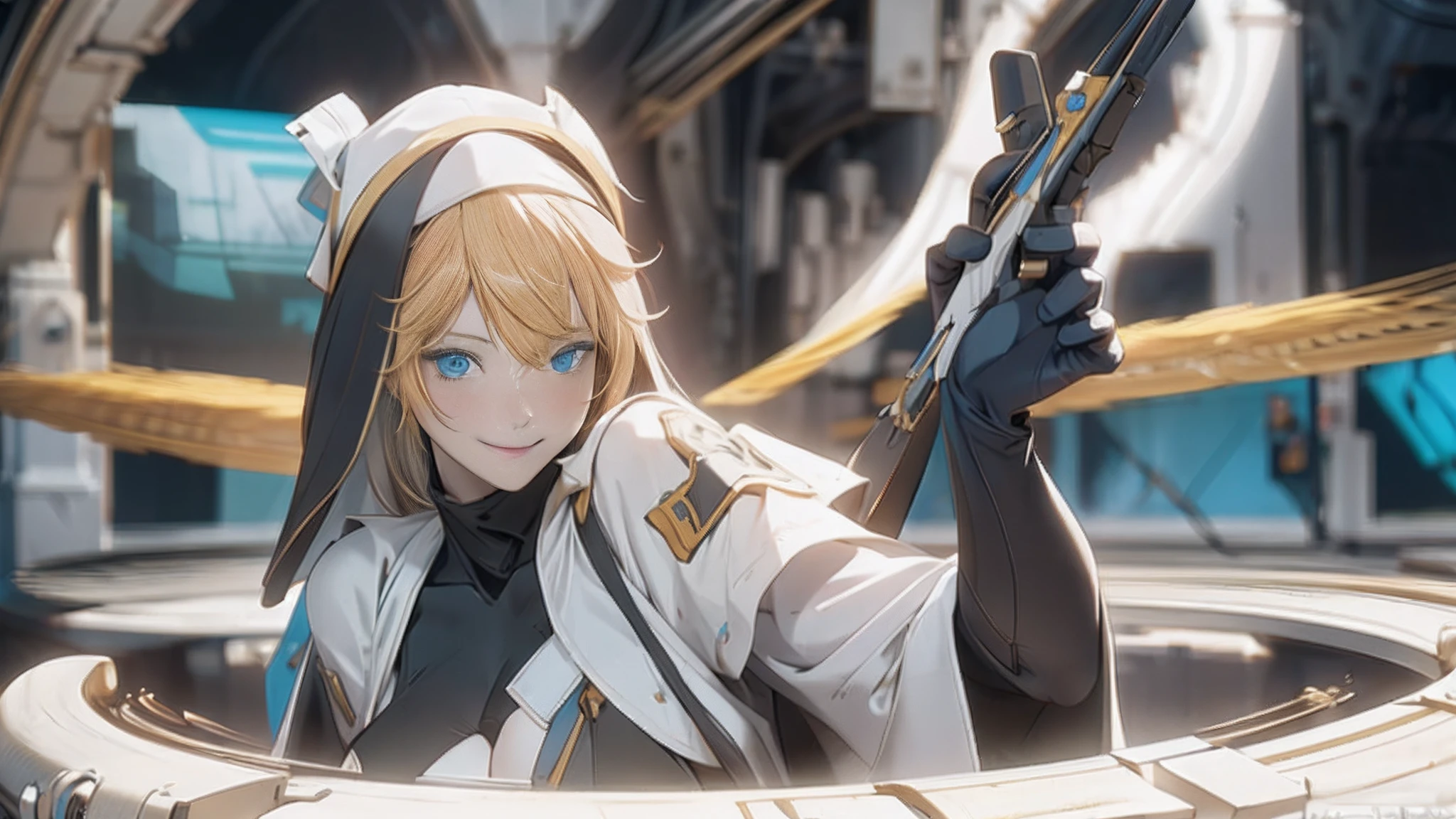 1 girl, long bread blond hair, smile, blue eyes, black and white Nun hat, high res, ultra sharp, 8k, masterpiece, looking at viewer, long black gloves,  big chest, big thigh, Sharp eyes, 
((Best quality)), ((masterpiece)), (detailed:1.4), 3D, an image of a beautiful cyberpunk female, long blond bread hair, blue eyes, HDR (High Dynamic Range),Ray Tracing, NVIDIA RTX, Super-Resolution, Unreal 5,Subsurface scattering, PBR Texturing, Post-processing, Anisotropic Filtering, Depth-of-field, Maximum clarity and sharpness, Multi-layered textures, Albedo and Specular maps, Surface shading, Accurate simulation of light-material interaction, Perfect proportions, Octane Render, Two-tone lighting, Wide aperture, Low ISO, White balance, Rule of thirds,8K RAW, 8 floating funnel, Aura