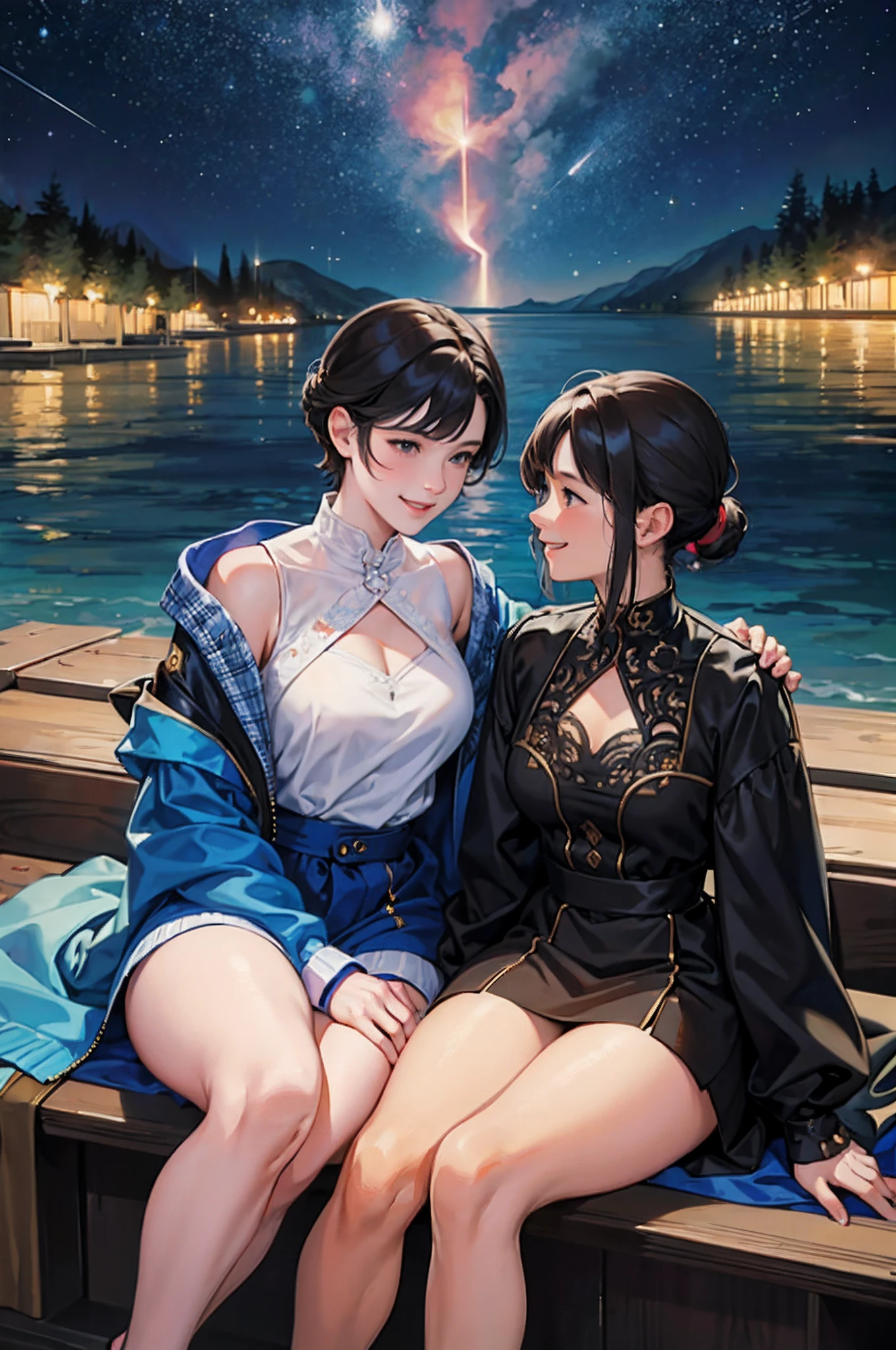 smiling,face focus, Meteor shower in a starry sky, a couple of lesbians sitting together looking at the stars,lewd,leering:1.3, planets exploding:1.3,masterpiece, best quality, intricate detail, absurdres