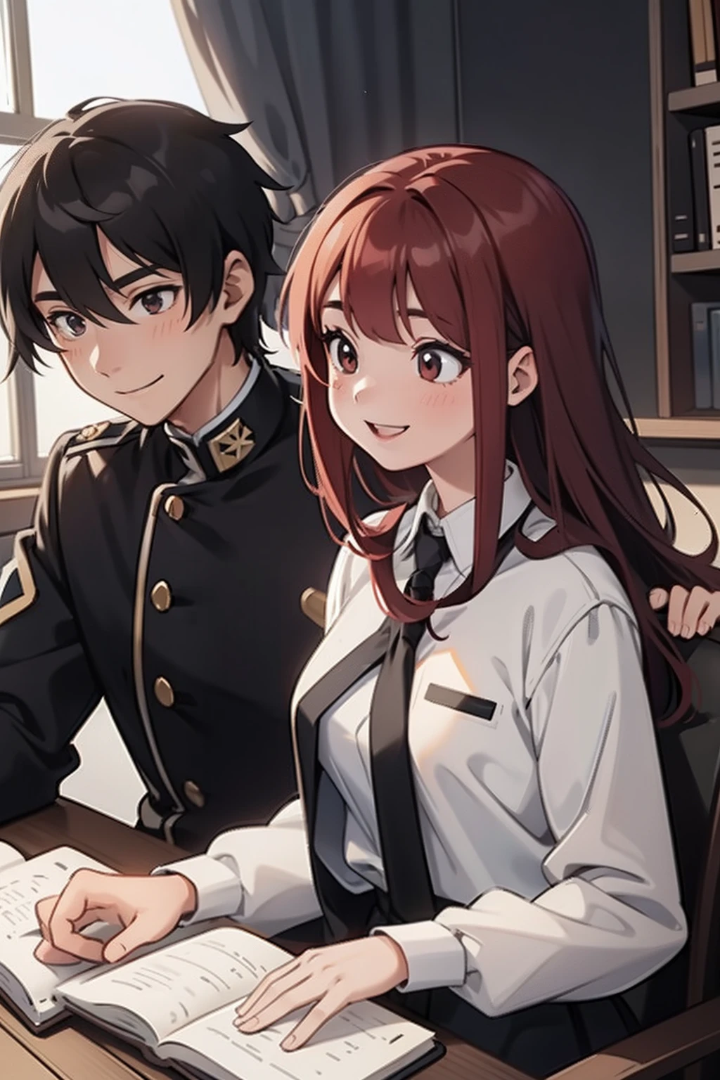 couple of students, male with black uniform, female with white uniform, anime style, smiling, book on hand, woman in red long hair, man in black hair