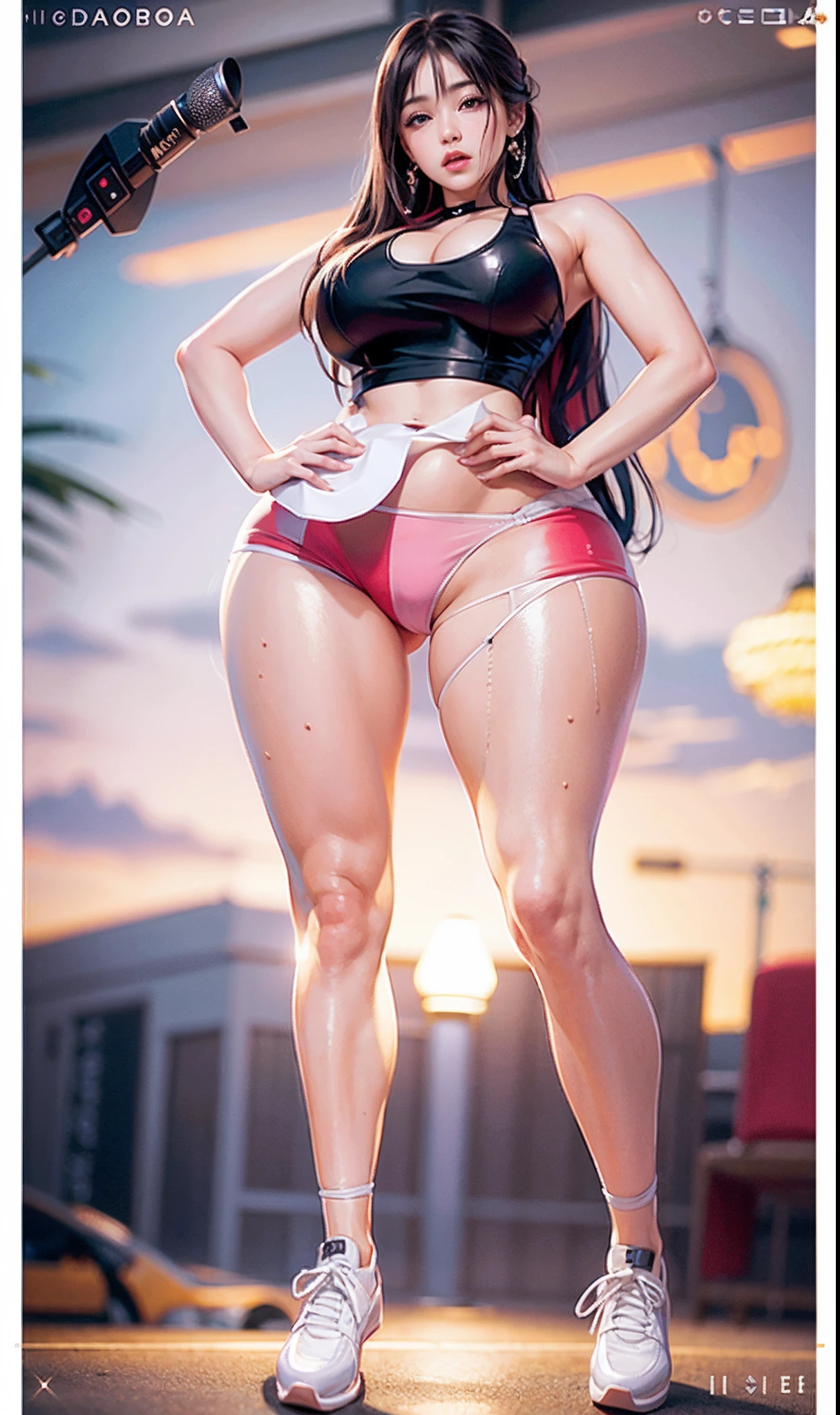 1girll,beautiful vintage color,Instagram,RAW photos,best qualtiy,tmasterpiece:1.2),(realisticlying,Photorealistic:1.3),(Sharp focus:1.2)Black hair, Very long hair,Bare thighs Thick thighs, Large breasts, Muscular, Leggings, vests, , Toned body,eBlue eyes,beauitful face,Perfect litthing,beatiful detailed eyes,stunningly beautiful woman,detailed hairstyles,detailed back ground, 超A high resolution, Depth of field, color difference, Caustics, Broad lighting, Nature Kpop idol,tmasterpiece。。.。.。.。.3D, hdr(HighDynamicRange),Ray traching,NVIDIA RTX,Hyper-Resolution,Subsurface scattering、PBR Texture、post-proces、Anisotropy Filtering、depth of fields、maximum definition and sharpness、Many-Layer Textures、Albedo e mapas Speculares、Surface coloring、perfectly proportions、rendering by octane、Two-colored light、largeaperture、Low ISO、White balance、the rule of thirds、8K raw data,Light pink lace transparent top lace vest,Rose red lace transparent raised briefs (Extremely long hair), Solo, (Topless),Fair skin, Ruddy and radiant skin, Raised thighs are smooth,No tattoos