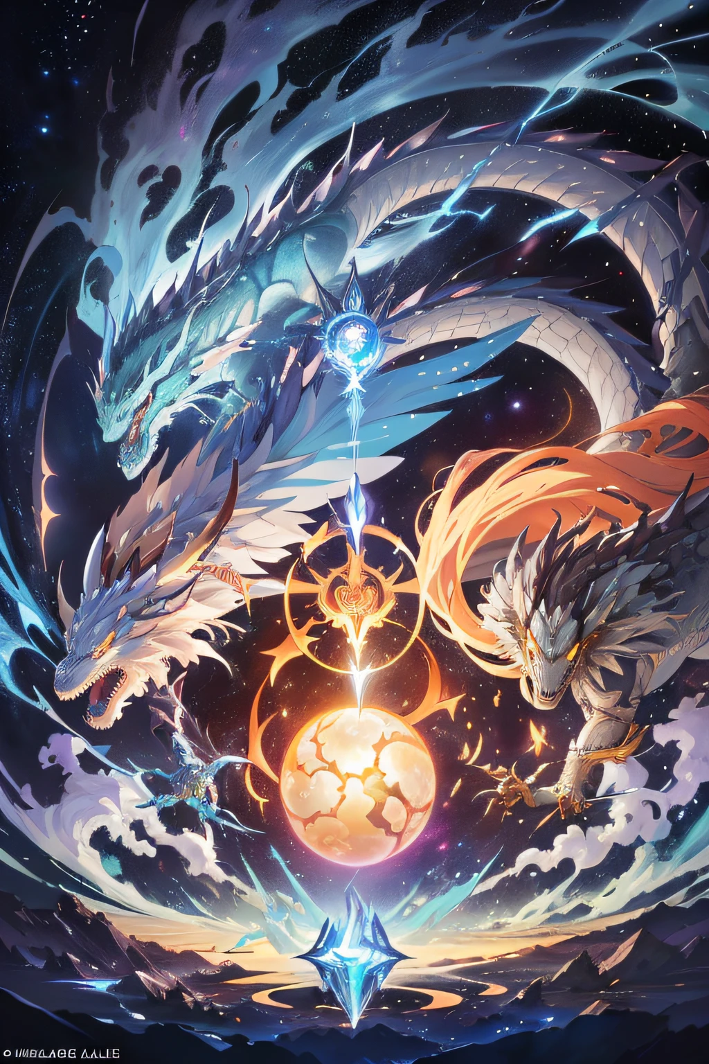 Arte de anime de dos dragones en un espacio arremolinado, Arte completo, Arte oficial de alto detalle, Ilustraciones oficiales, Ilustraciones oficiales del anime, Arte detallado del anime, ilustraciones detalladas del anime, Arte de anime clave detallado, Lightning Dragon Attack, Battle with the Dragon, Tendencias en ArtStation Pixiv, Mana flowing around you, full art illustration, Splash Art oficial, fanart detallado