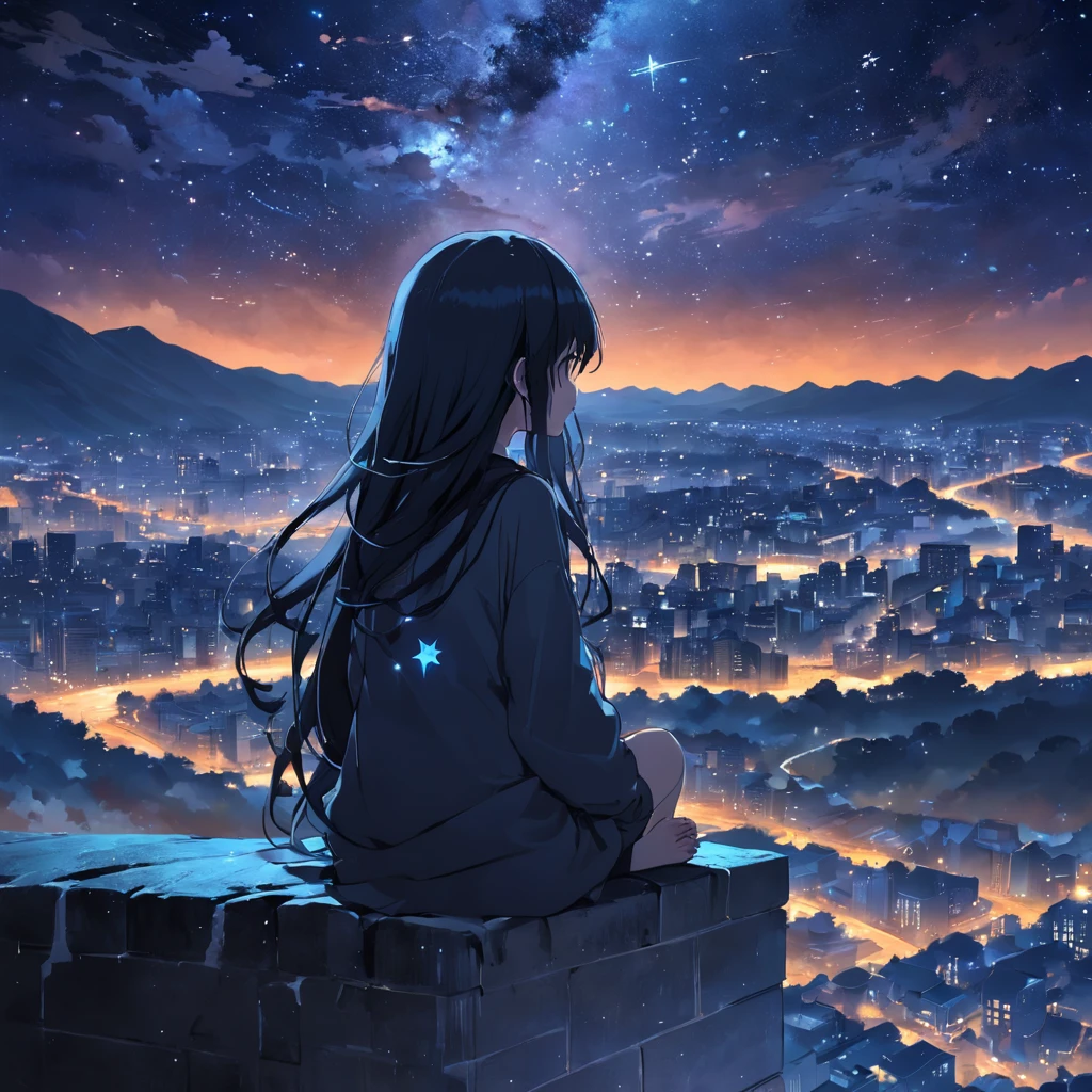 octane, sky, star (sky), landscape, starry sky, night, only child, night sky, solo, outdoor, signature, building, clouds, milky way, sitting, tree, long hair, city, silhouette, cityscape