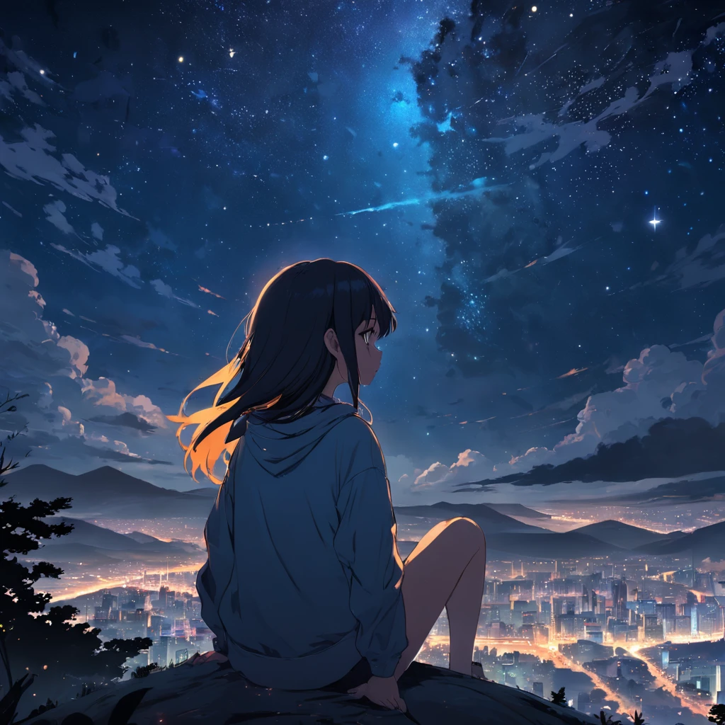 octane, sky, star (sky), landscape, starry sky, night, only child, night sky, solo, outdoor, signature, building, clouds, milky way, sitting, tree, long hair, city, silhouette, cityscape