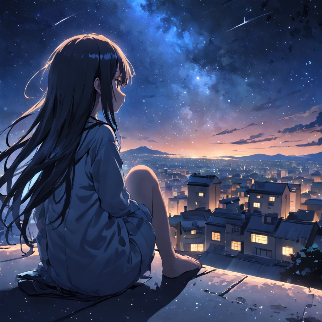 octane, sky, star (sky), landscape, starry sky, night, only child, night sky, solo, outdoor, signature, building, clouds, milky way, sitting, tree, long hair, city, silhouette, cityscape