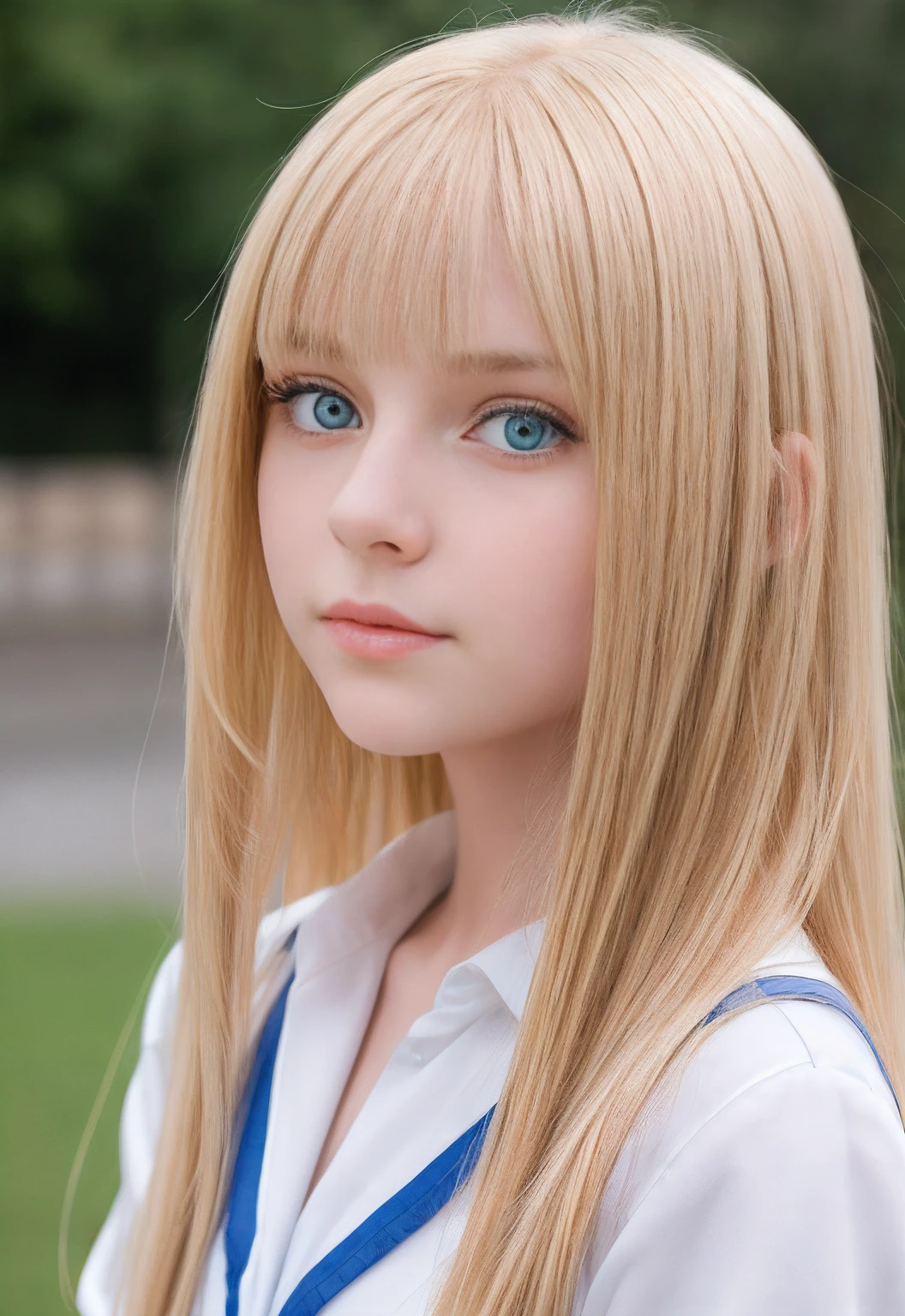 RAW photos, (((Portrait of extreme beauty))), (Radiant white skin)), 1 girl, 14-year-old pretty beautiful girl in Prague, (Lustrous bright natural blonde hair))), [Blue eyes], Silky fine hair, Straight long hair, Eyeliner, Bangs, Hair between eyes, Fluttering hair, ((Masterpiece, top quality, ultra detail, film light, complex details, high resolution, 8k, Very detailed)), detailed background, 8K UHD, DSLR, soft light, high quality, film grain, Fujifilm XT3, shallow depth of field, natural light, (perfect hands), perfect beautiful face, school uniform