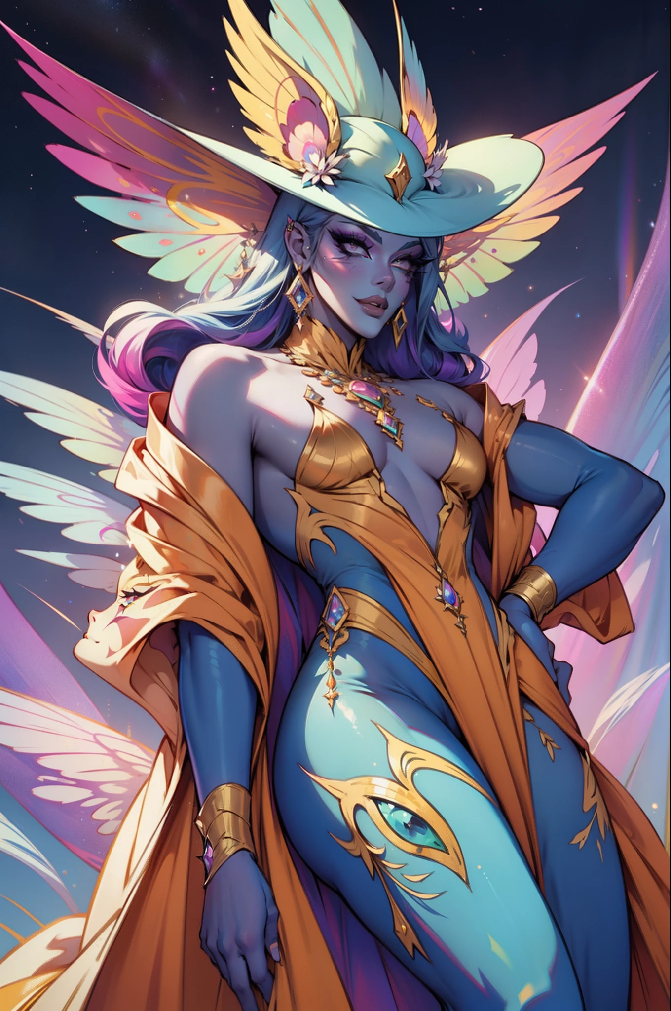 "A magnificent drag queen radiating a captivating and ethereal essence, reminiscent of the resplendent colors and grace of a majestic rainbow peacock."
