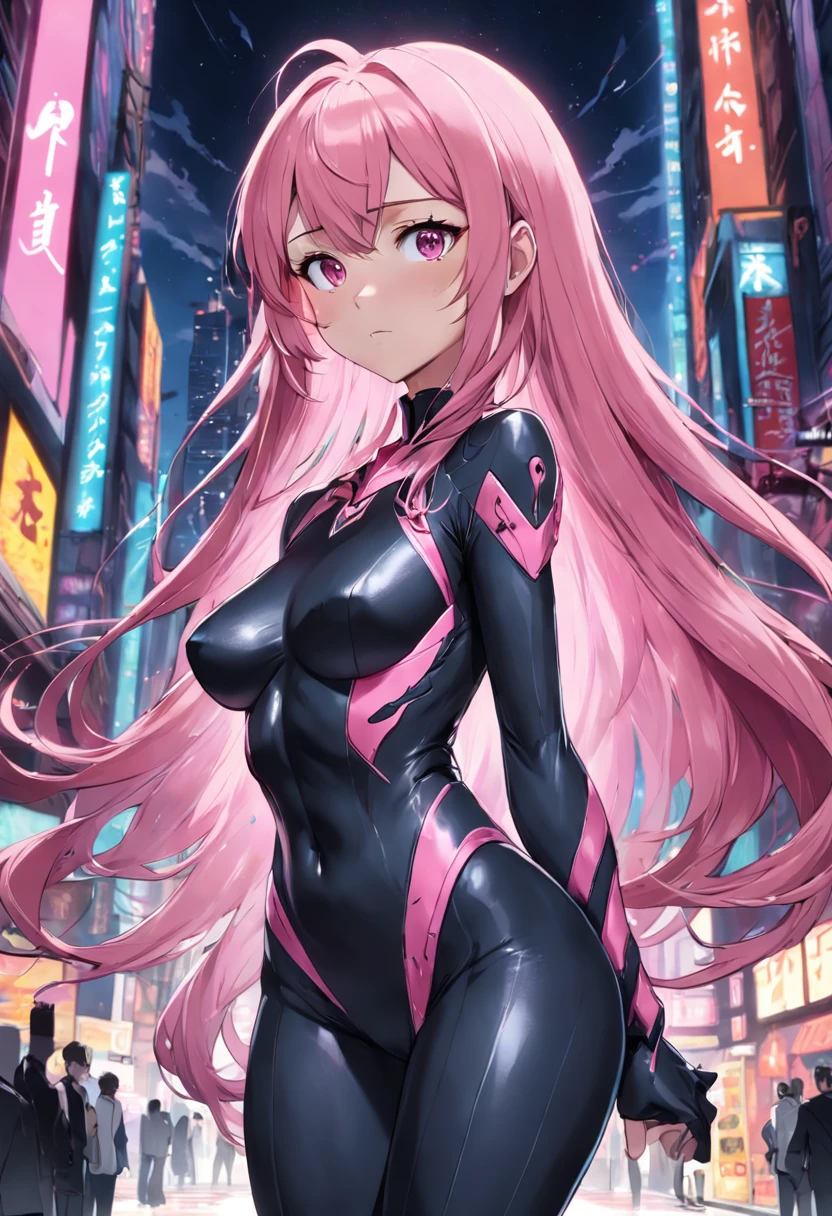 Perfect older woman, full body, pink hair, long hair, serious expression, Black skintight suit, large breasts