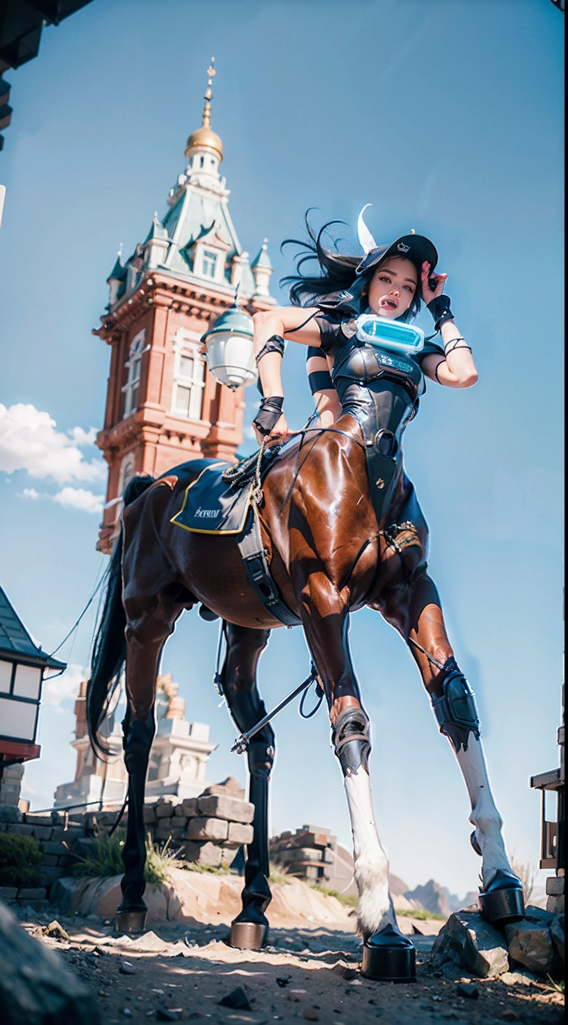 In a very grand scene，The extra-large wide-angle lens captures the appearance of a female centaur。She is tall，It has the ultimate curvy beauty，The muscles are slender and firm，Beautiful lines。Her facial features are tough and coquettish，Always with a sunny smile。She wears special tight-fitting equipment with a strong sense of technology，Step on multifunctional off-road style heels，Delicate and practical protective gear is worn on the hands, feet, wrists, neck and shoulders。The detection equipment around you flashes various cue lights and neon-like information screens，Let her exude a charming brilliance。Use Midjourney's advanced tools，Design special tight-fitting equipment for female centaurs，Highlight her unique physiological characteristics and appearance details，Add realism。And in her adventure scene，Spectacular views of nature，Such as the sky where storms and sunny days alternate、Brilliant rivers of stars and auroras、The snow-capped summit of Mount Everest、Fireworks in the mountain town, etc。ao mesmo tempo，Away from the hustle and bustle of Long Beach Pier is a neon-lit spaceship docked，Create a fantastic scene。Use Midjourney's advanced tools and multiple color palettes、Brush Strokes、Texture tools and model packages，It shows a sense of atmosphere where beauty and charm coexist。The charm of the female centaur is highlighted through color and lines，Enhance realism with detailing，Create a surreal dreamy feeling。Additionally，Use Midjourney's tools to add a variety of extreme sports gear and cultural trinkets to the female centaur，Create intricate hairstyles and outfits，Give her a sense of premium。She never flinches，Regardless of the terrain，can respond quickly，Even the extreme geography and dangerous terrain of aliens cannot stop her。Use Midjourney's powerful tools，You can do it with incredible detail and beauty，Bring this ultra-grand and beautiful scene to life。Ultra-grand scenes，super wide shot， hdr，（真实感，Masterpiece quality，best qualtiy），