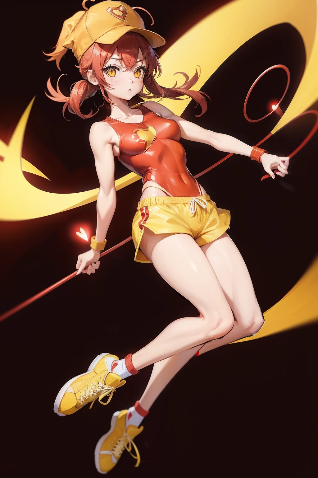 anime style, superhero with full body red leotard, yellow shorts over leotard, yellow sneakers, red hat with two antennae sticking out of it, heart symbol on chest.