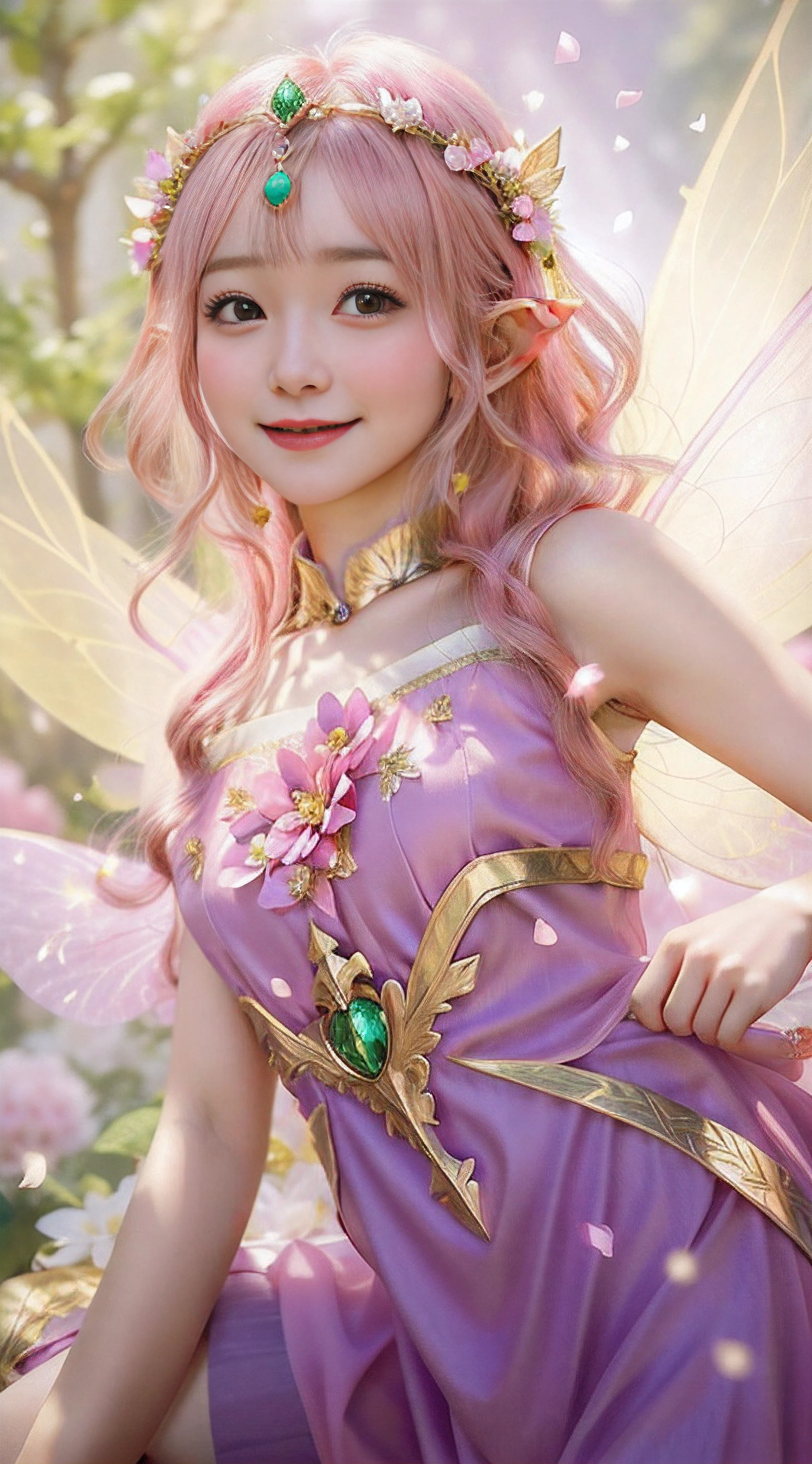 realistic girl with a pink dress and a gold crown, alluring elf princess knight, smiling as a queen of fairies, elf girl wearing an flower suit, portrait of a fairy, portrait of fairy, ultra detail, realistic face, two hand, beauty small face