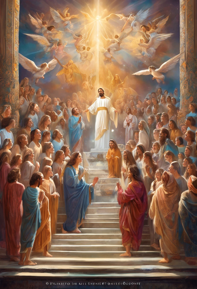 A sacred scene，God sits in heaven，The surroundings are filled with dazzling light，A group of angels surrounded him。Women and children of all colors and ages also have young and older people，They all knelt down，Show reverence and worship of God。Following this description creates a unique and impressive cover screen for me。