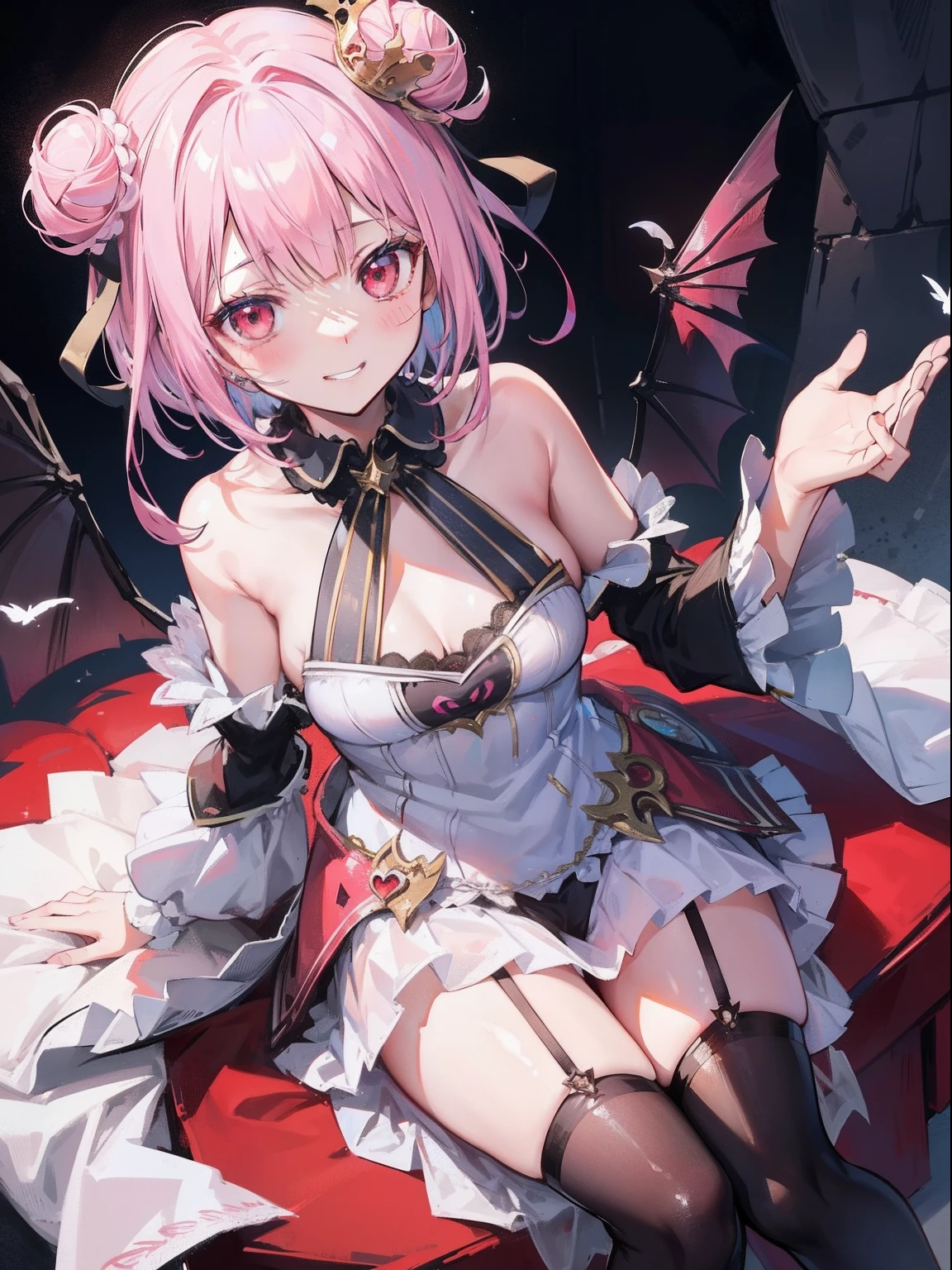 {Moist feather(hololive)}, 1girl, {short hair}, double bun, {Light pink hair}, {Red Eyes}、​masterpiece、top-quality、grinning evily、{demon king}、{full bodyesbian}、a throne、ambition、Aura of Darkness、A black、demon realm、