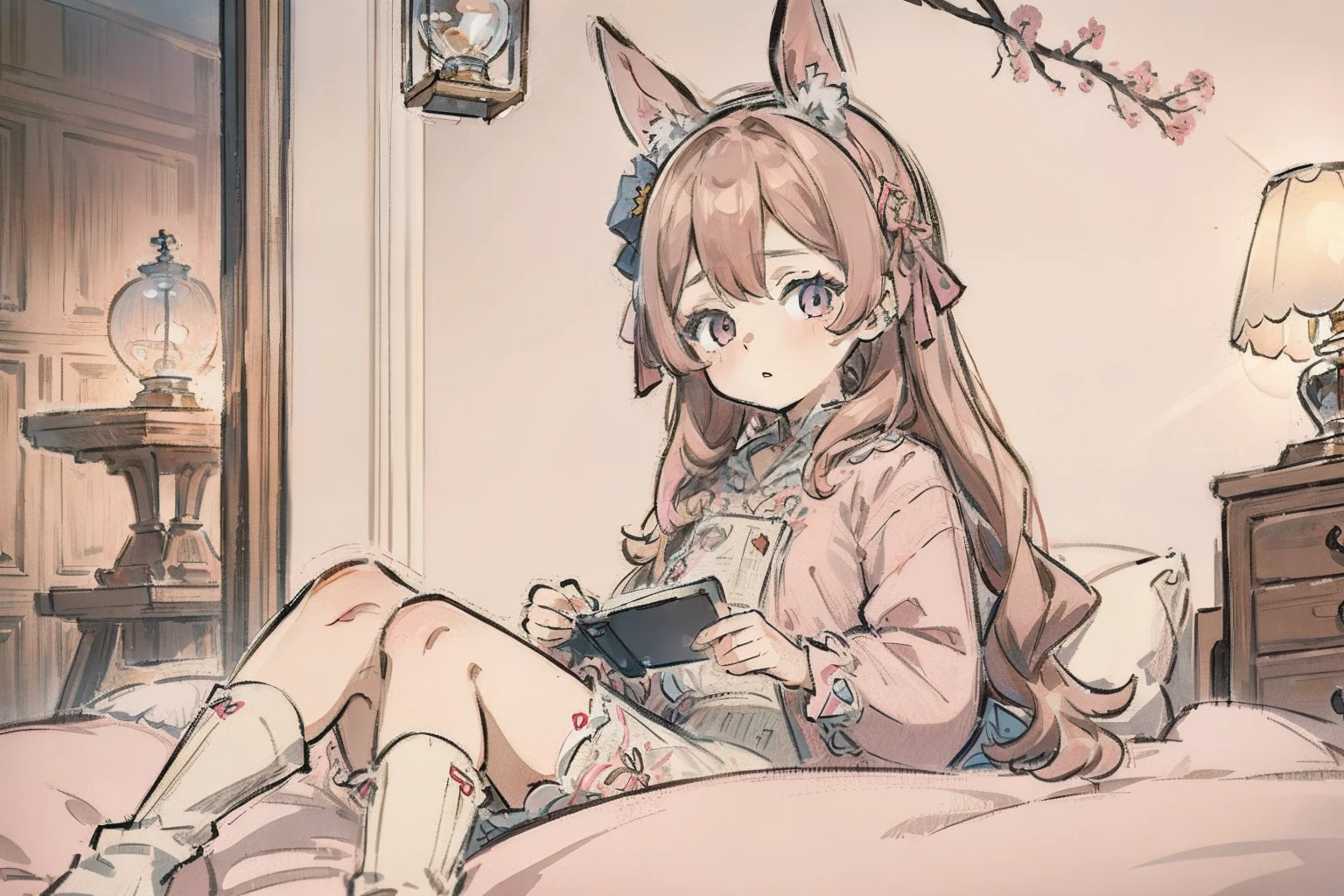 A girl，Around 10 years old，adolable，Short light brown hair，Pink pick dye，Cute hairpins，Hourglass hairpins，design sense，A sense of uniqueness，laced dress，Pink coat，pyjamas，Princess bedroom scene，There is a computer and a microphone and headphone clock，Full body photo，The theme is time and rabbits，anchor，Next to it is a gray-white lop-eared rabbit，The expression is sleepy-eyed，Modern style