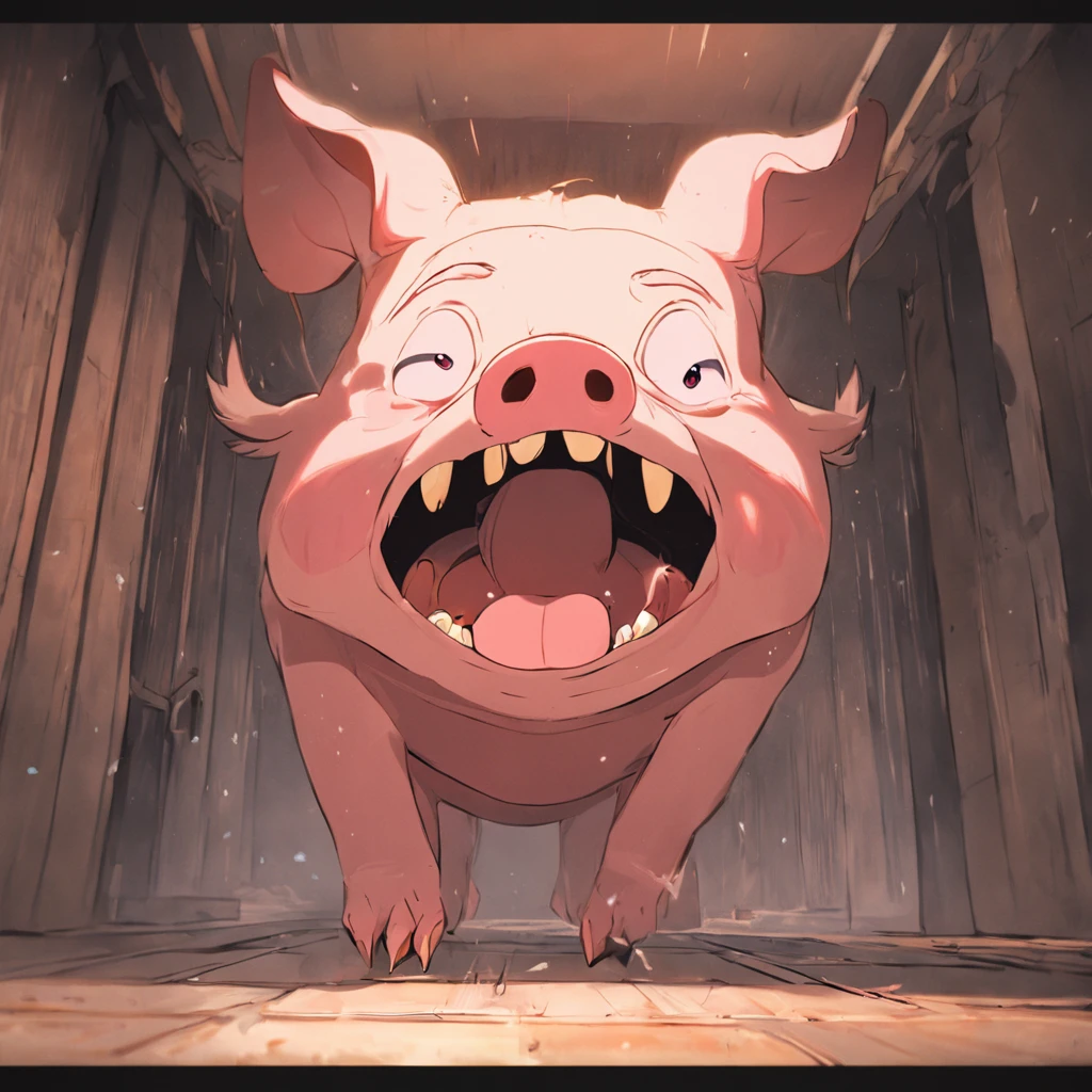 A cartoon pig,3D style,blender,alarmed,dreads,Fall to the ground,Very wide open mouth,Background doorway