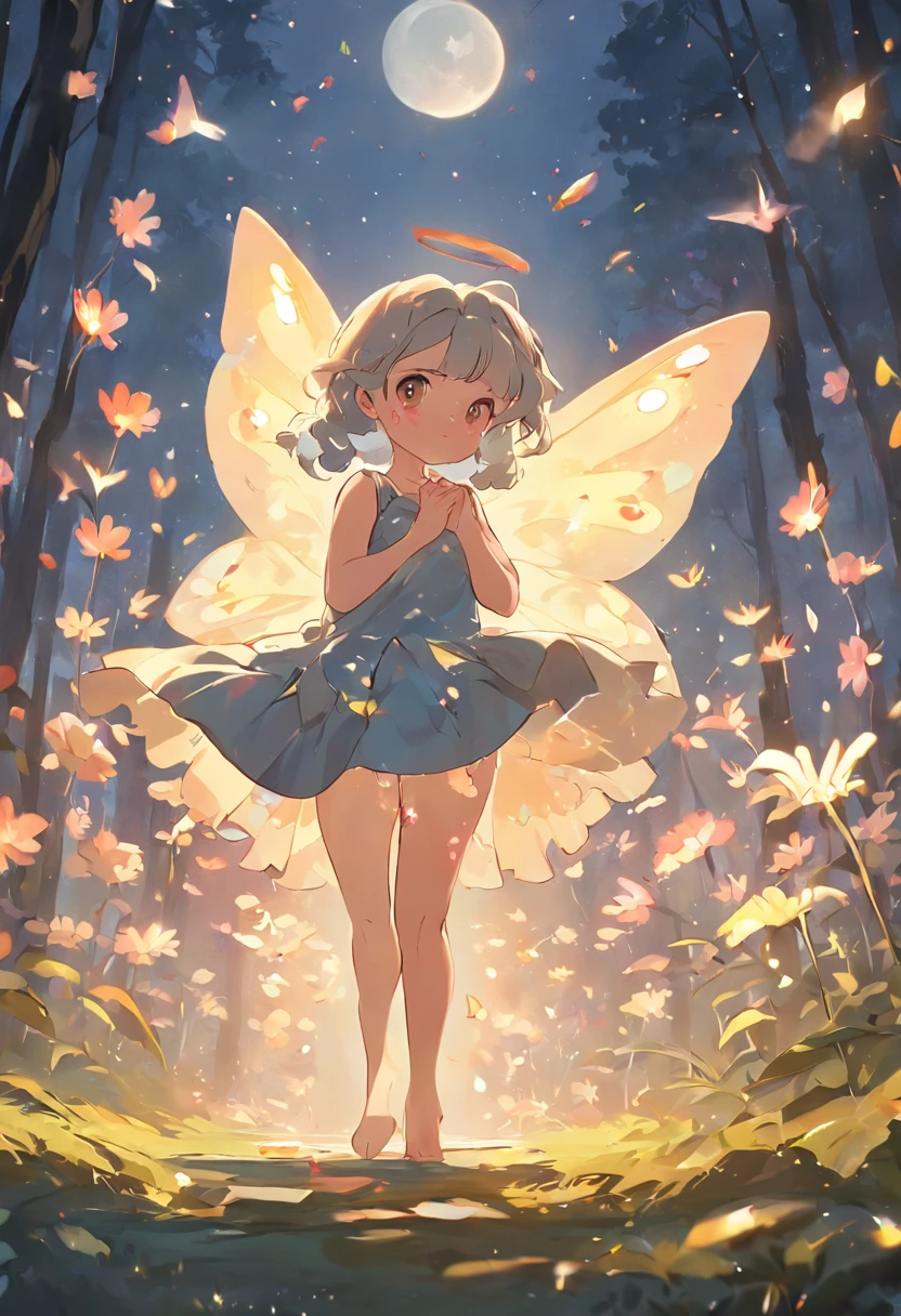 ln the forest,night moon,Mini cute 3 flower fairy, Chubby toot,Skirt made of petals,Huge flowers,Colorful colorful,Transparent colorful wings, Magic wand,closeup cleavage,Light attenuation,Glow effects,depth of fields,high light,Real light,Ray traching,oc rendered,Hyper-realistic,best qualtiy,8K,Works of masters,super-fine,Detailed pubic hair,Correct anatomy,sharp focus on eyes,Bokeh,Facial features are carefully depicted,in style of hayao miyazaki,Miyazaki animation style