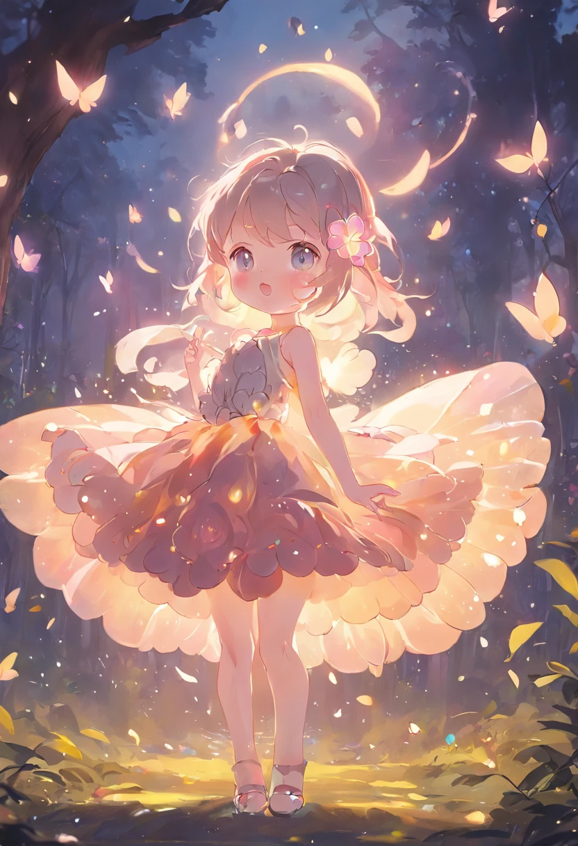 ln the forest，night moon，Mini cute 3 year old flower fairy, Chubby toot，Skirt made of petals，Huge flowers，Colorful colorful，Transparent colorful wings, Magic wand，closeup cleavage，Light attenuation，Glow effects，depth of fields，high light，Real light，Ray traching，oc rendered，Hyper-realistic，best qualtiy，8K，Works of masters，super-fine，Detailed pubic hair，Correct anatomy，sharp focus on eyes，Bokeh，Facial features are carefully depicted，in style of hayao miyazaki，Miyazaki animation style