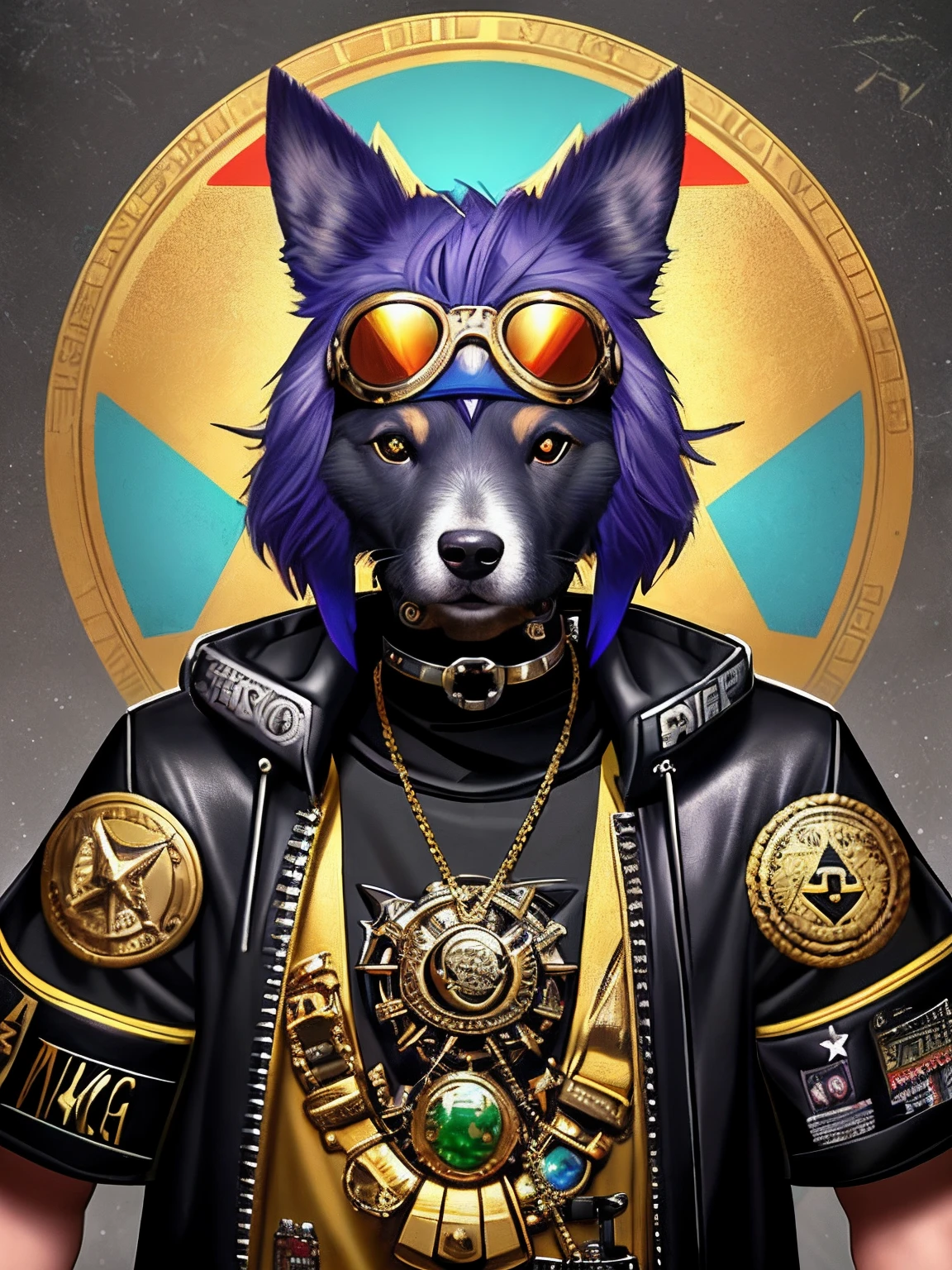 Picture of a dog with goggles on its head,trends in art station,Wear punk clothes,Smoking, Pedras preciosas,gold, jewely, Magic Circles,Ultra-realistic detailed rendering,British gang members,Urban style,intimidating pose,Planet of dogs,fashionable attire,urbansamurai,Mewtwo,