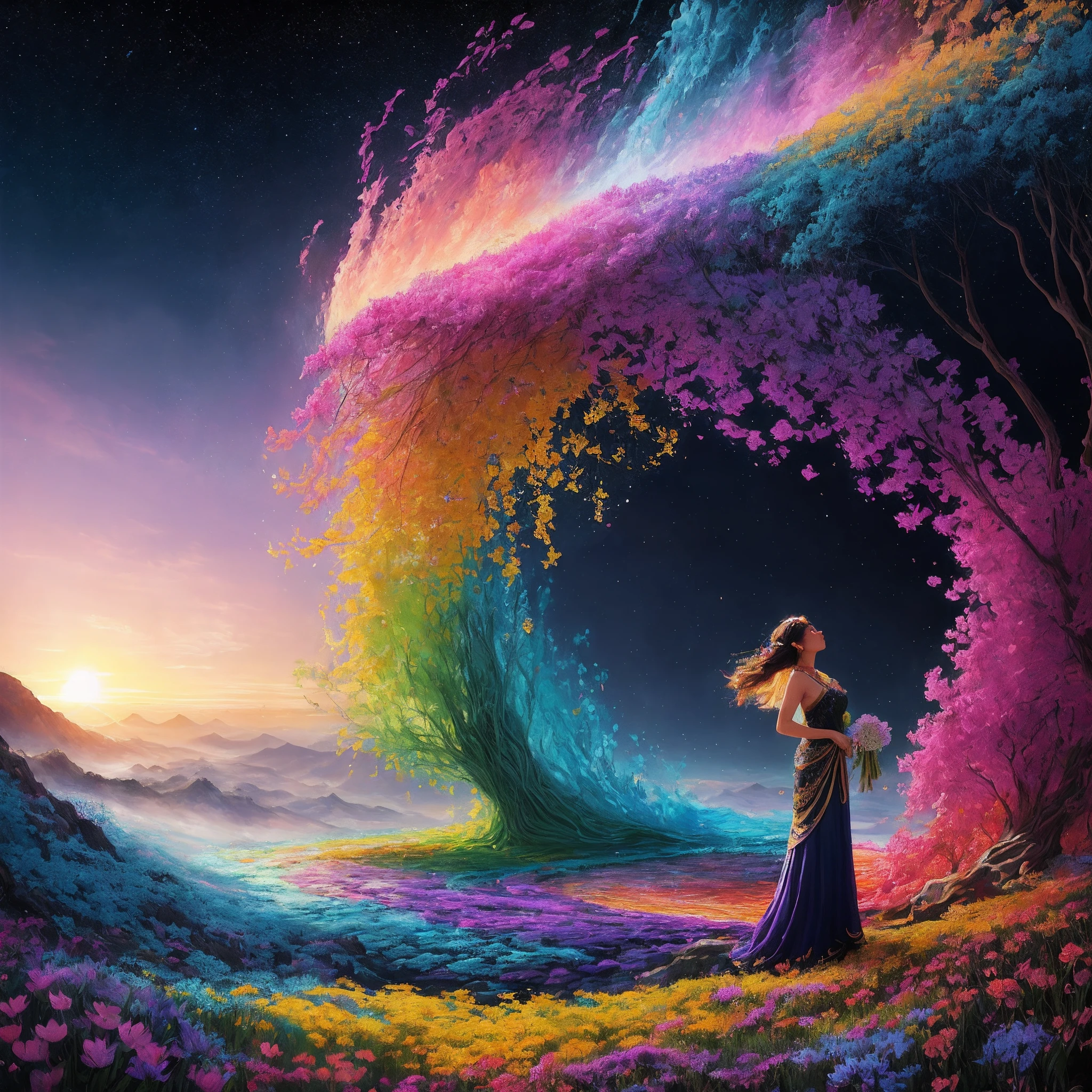 Full body, create a vibrant and detailed digital painting of a stunning woman immersed in a fantastical world bursting with color and life. The woman should possess delicate and ethereal features, radiating a timeless beauty that captivates all who gaze upon her. Use a mesmerizing array of vivid hues to bring her to life, with her hair flowing gracefully like ribbons of brilliant sunset, cascading into a vibrant tapestry of colors. Surround her with a mesmerizing landscape, where fantastical creatures and flora intertwine seamlessly, forming a breathtaking display of artistic imagination. Let each brushstroke be imbued with the essence of vividness, making every inch of the painting a captivating kaleidoscope of hues.