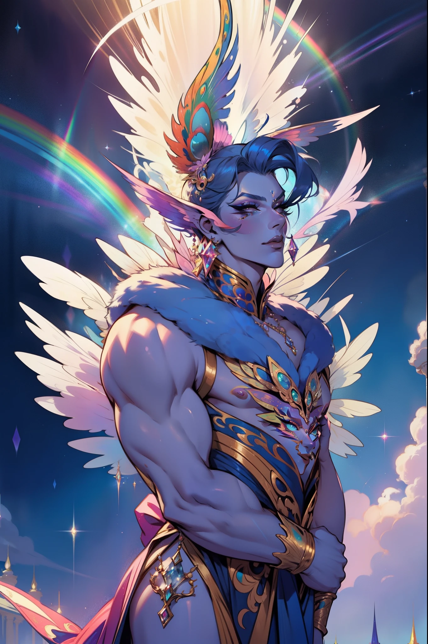 "A magnificent male drag queen radiating a captivating and ethereal essence, reminiscent of the resplendent colors and grace of a majestic rainbow peacock."