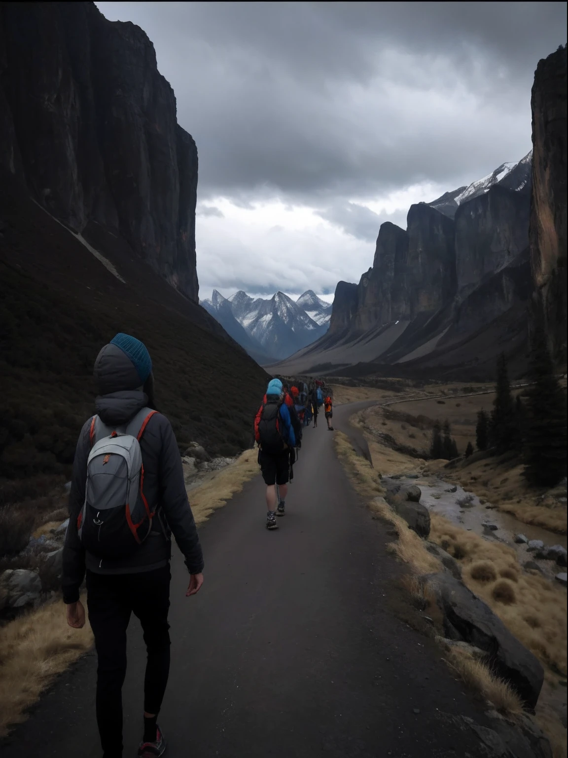 Several people walk on a road with mountains as a backdrop, traveling through the mountains, travelers walking the streets, epic mountains in the background, in between a gorge, 4 0 9 6, in an epic valley, The journey of life, time to climb the mountain path, in a valley, hiking in rocky mountain, epic scenic shot, people walking in the distance