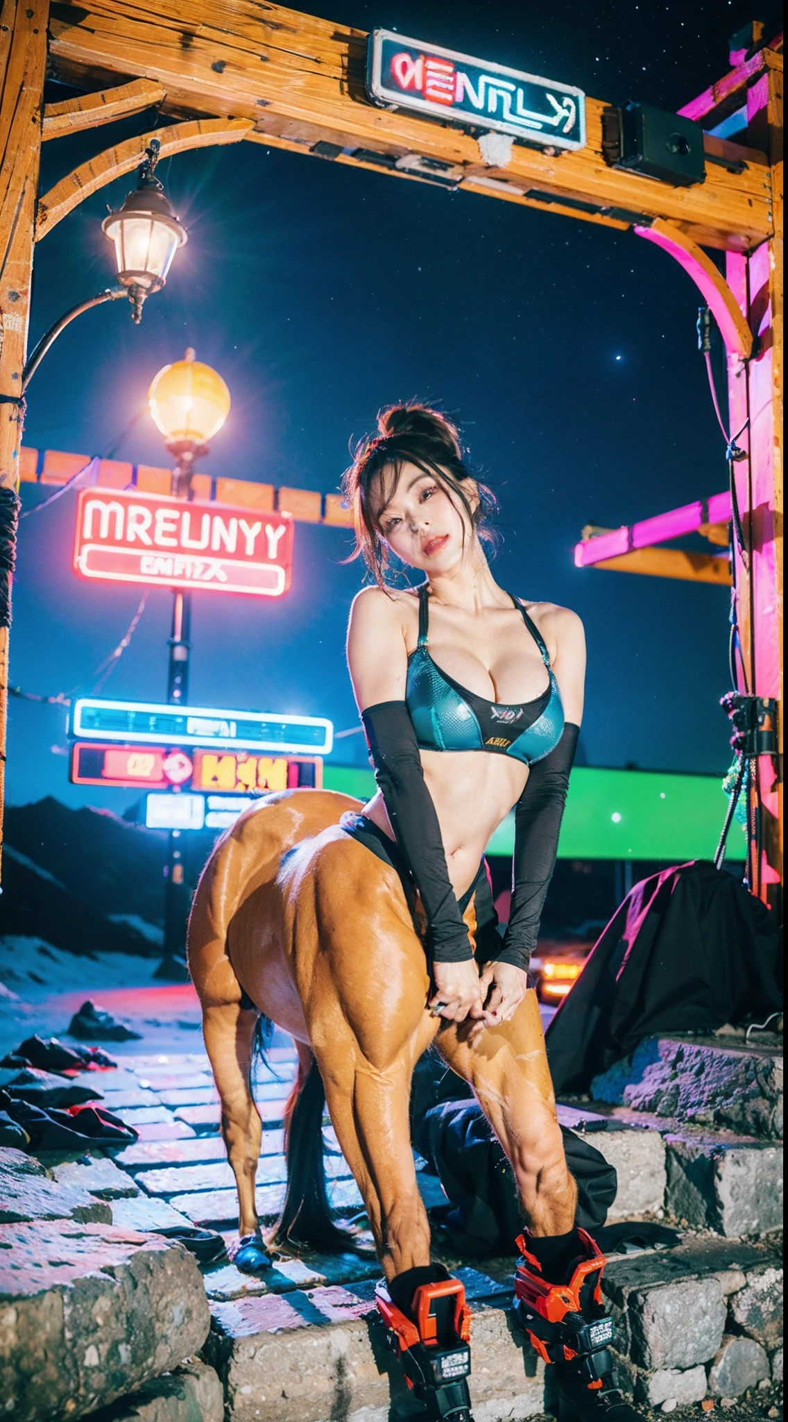 In a very grand scene,The extra-large wide-angle lens captures the appearance of a female centaur。She is tall,It has the ultimate curvy beauty,The muscles are slender and firm,Beautiful lines。Her facial features are tough and coquettish,Always with a sunny smile。She wears special tight-fitting equipment with a strong sense of technology,Step on multifunctional off-road style heels,Delicate and practical protective gear is worn on the hands, feet, wrists, neck and shoulders。The detection equipment around you flashes various cue lights and neon-like information screens,Let her exude a charming brilliance。Use Midjourney's advanced tools,Design special tight-fitting equipment for female centaurs,Highlight her unique physiological characteristics and appearance details,Add realism。And in her adventure scene,Spectacular views of nature,Such as the sky where storms and sunny days alternate、Brilliant rivers of stars and auroras、The snow-capped summit of Mount Everest、Fireworks in the mountain town, etc。ao mesmo tempo,Away from the hustle and bustle of Long Beach Pier is a neon-lit spaceship docked,Create a fantastic scene。Use Midjourney's advanced tools and multiple color palettes、Brush Strokes、Texture tools and model packages,It shows a sense of atmosphere where beauty and charm coexist。The charm of the female centaur is highlighted through color and lines,Enhance realism with detailing,Create a surreal dreamy feeling。Additionally,Use Midjourney's tools to add a variety of extreme sports gear and cultural trinkets to the female centaur,Create intricate hairstyles and outfits,Give her a sense of premium。She never flinches,Regardless of the terrain,can respond quickly,Even the extreme geography and dangerous terrain of aliens cannot stop her。Use Midjourney's powerful tools,You can do it with incredible detail and beauty,Bring this ultra-grand and beautiful scene to life。Ultra-grand scenes,super wide shot, hdr,(真实感,Masterpiece quality,best qualtiy),