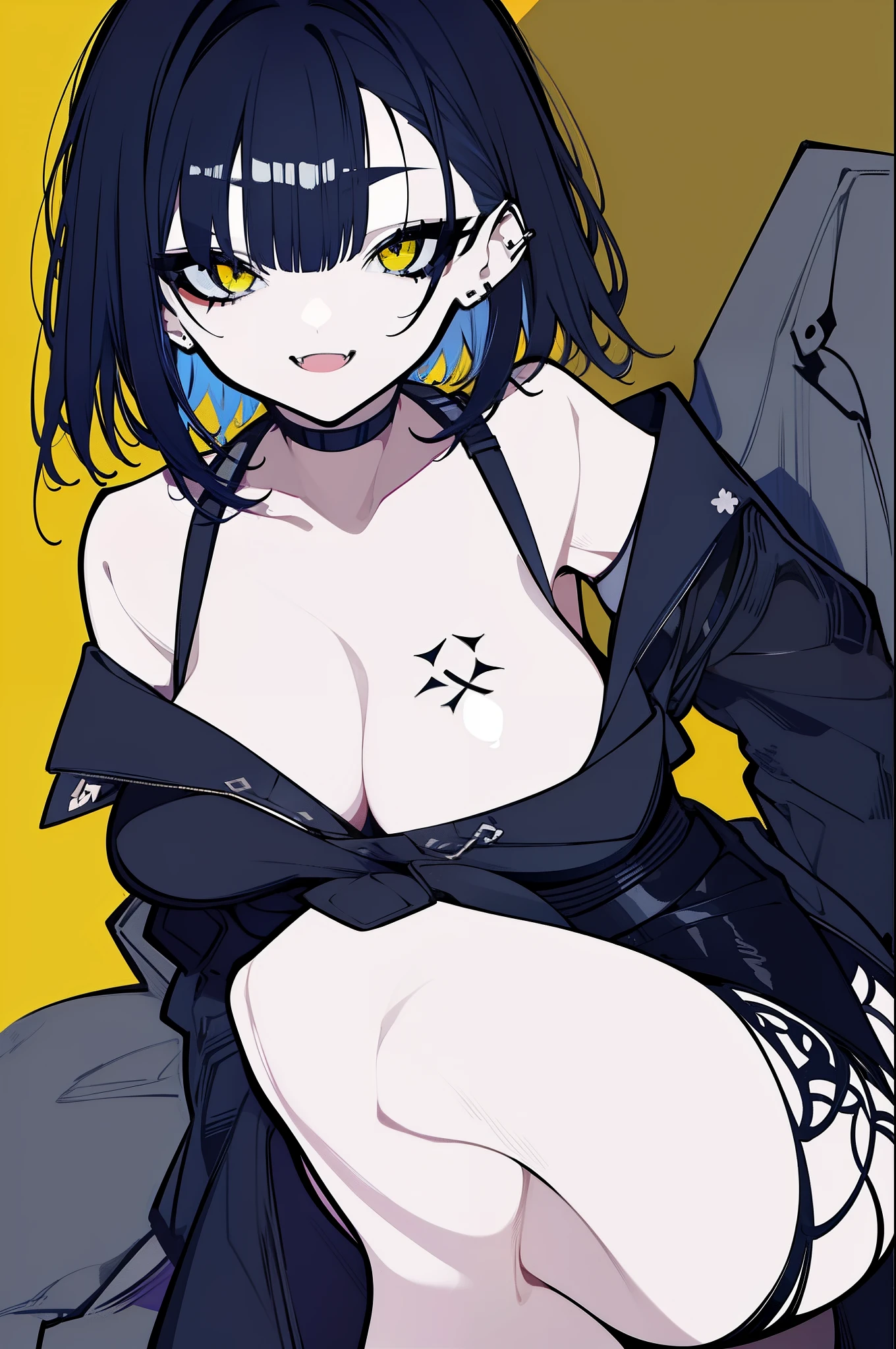 masterpiece, 1 girl, darkblue hair、messy, short hair、Pigtails, Blunt bangs, oblique bangs, Yellow slant eyes, x-shaped pupils, Detailed eye drawing、Thick eyebrows, Slim body, Slim legs, huge breasts, spike choker, spike leg ring, Black short sleeve shirt, Black pleated skirt, tattoos on the arms, tattoos on the leg, Lots of piercings, Black nails, Spiteful smile、fangs、Split tongue, Yellow back ground