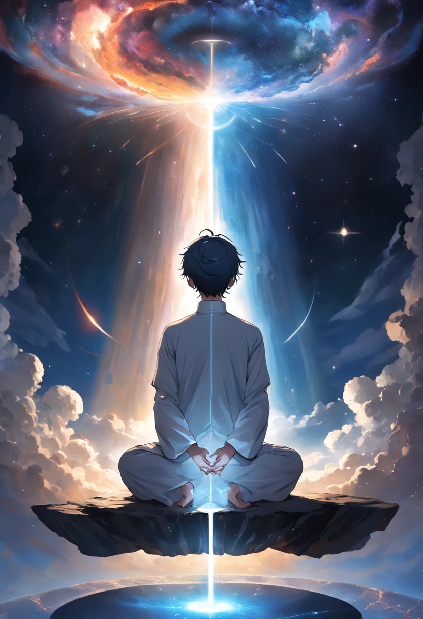 Imagine an image split into two major sections, the top half featuring the vast expanse of the universe filled with beautiful galaxies, and the bottom half showcasing a cross-section of Earth down to its mantle. In the center, where both worlds meet, a human is seated in a Zen meditation pose.
A pillar of light emanates from the human's head, reaching upwards and merging into the celestial bodies of the universe. This light represents a connection with the cosmos, a symbiosis between the individual and the boundless mysteries of space. Simultaneously, another pillar of light descends from where the human sits, penetrating deep into the Earth's mantle. This signifies a grounding connection with Earth, anchoring the person to physical reality even as they transcend it through meditation.
The lighting in this image is ethereal yet balanced, highlighting the duality of existence: the physical and the metaphysical. The use of a wide-angle lens, such as a 16-35mm f/2.8, could capture this broad scope, while a smaller aperture like f/11 could bring all elements into focus.
In terms of lighting, a soft, diffused light should be cast upon the meditating figure to give them an almost ethereal glow, signifying the illumination of enlightenment. For the background, opt for dynamic contrast to make the galaxies and Earth’s inner layers pop out, perhaps using post-production techniques to fine-tune the details.
This composition would be a metaphoric visual feast, encapsulating the unity and balance between the cosmos, Earth, and human consciousness.