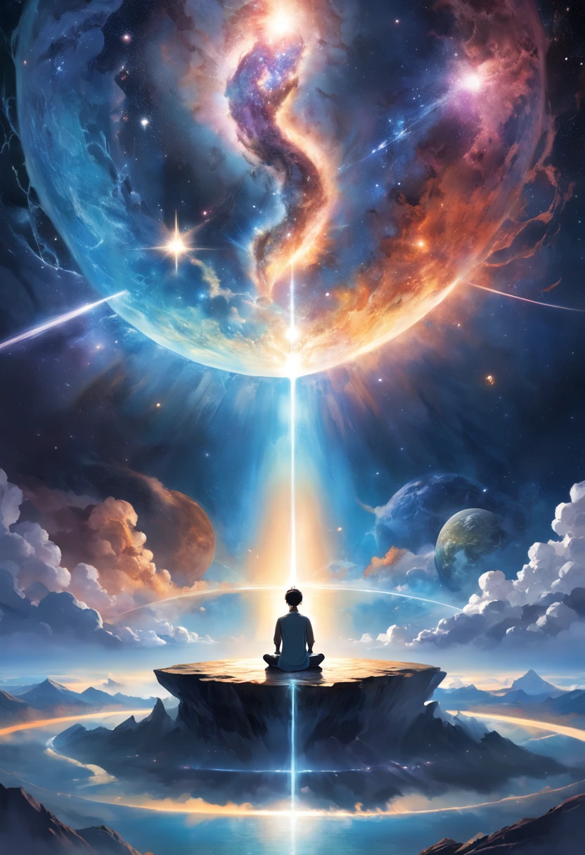 Imagine an image split into two major sections, the top half featuring the vast expanse of the universe filled with beautiful galaxies, and the bottom half showcasing a cross-section of Earth down to its mantle. In the center, where both worlds meet, a human is seated in a Zen meditation pose.
A pillar of light emanates from the human's head, reaching upwards and merging into the celestial bodies of the universe. This light represents a connection with the cosmos, a symbiosis between the individual and the boundless mysteries of space. Simultaneously, another pillar of light descends from where the human sits, penetrating deep into the Earth's mantle. This signifies a grounding connection with Earth, anchoring the person to physical reality even as they transcend it through meditation.
The lighting in this image is ethereal yet balanced, highlighting the duality of existence: the physical and the metaphysical. The use of a wide-angle lens, such as a 16-35mm f/2.8, could capture this broad scope, while a smaller aperture like f/11 could bring all elements into focus.
In terms of lighting, a soft, diffused light should be cast upon the meditating figure to give them an almost ethereal glow, signifying the illumination of enlightenment. For the background, opt for dynamic contrast to make the galaxies and Earth’s inner layers pop out, perhaps using post-production techniques to fine-tune the details.
This composition would be a metaphoric visual feast, encapsulating the unity and balance between the cosmos, Earth, and human consciousness.