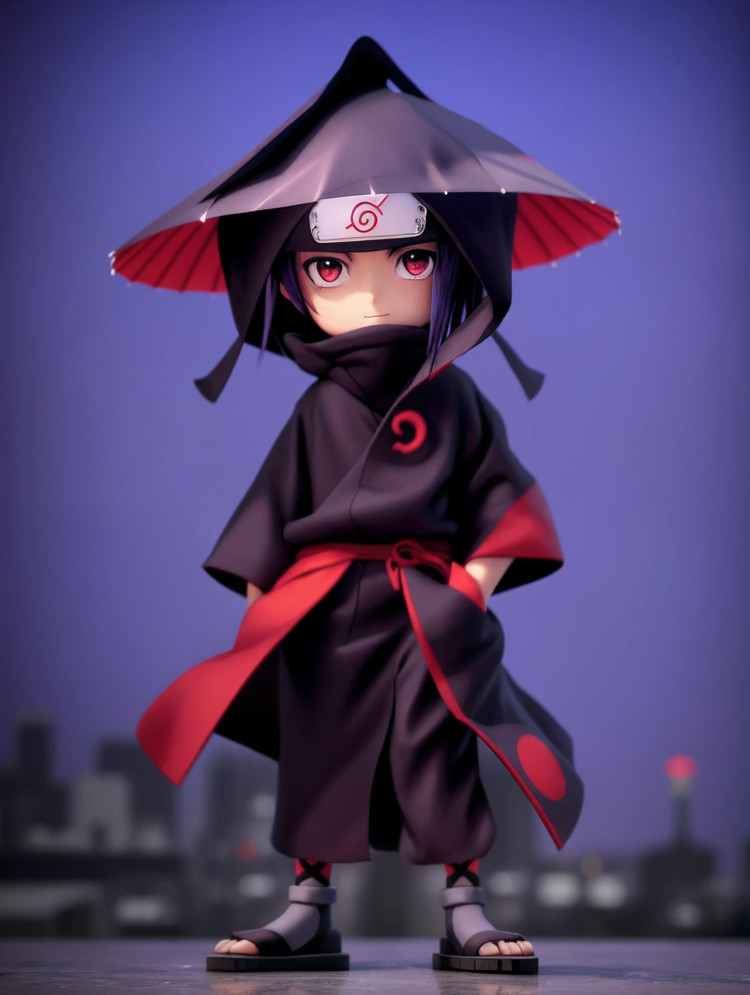 a close up of a person wearing a hat and a robe, anime styled 3d, itachi uchiha, itatchi uchiha, itachi, render of a cute 3d anime girl, stylized anime, akatsuki akira, realistic anime 3 d style, cute 3 d render, 3 d character art, 3d anime girl, anime style character,BREAK, city background, raining, wet