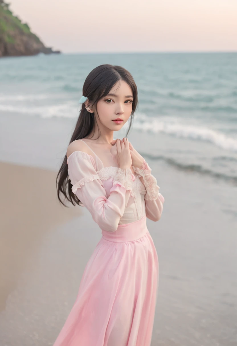 art by Cornflower, dreamy, (A beautiful, aged, anime-style girl with blue eyes and long, black hair, wearing a pale yellow, shiny, long-sleeved, open-chest, long skirt swimming suit with a pink, white, and yellow, heart on it is posing with her hands on her hips, in front of a beach and a bright, blue sky with clouds in it, there are palm trees in the background on both sides of the picture, and there are lots of blue and yellow fish swimming in the ocean, and there is a police helicopter with lights on it flying over the girl)
