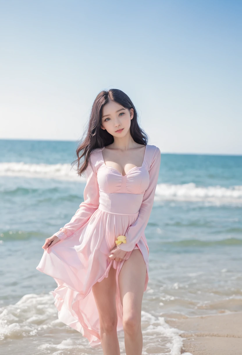 art by Cornflower, dreamy, (A beautiful, aged, anime-style girl with blue eyes and long, black hair, wearing a pale yellow, shiny, long-sleeved, open-chest, long skirt swimming suit with a pink, white, and yellow, heart on it is posing with her hands on her hips, in front of a beach and a bright, blue sky with clouds in it, there are palm trees in the background on both sides of the picture, and there are lots of blue and yellow fish swimming in the ocean, and there is a police helicopter with lights on it flying over the girl)