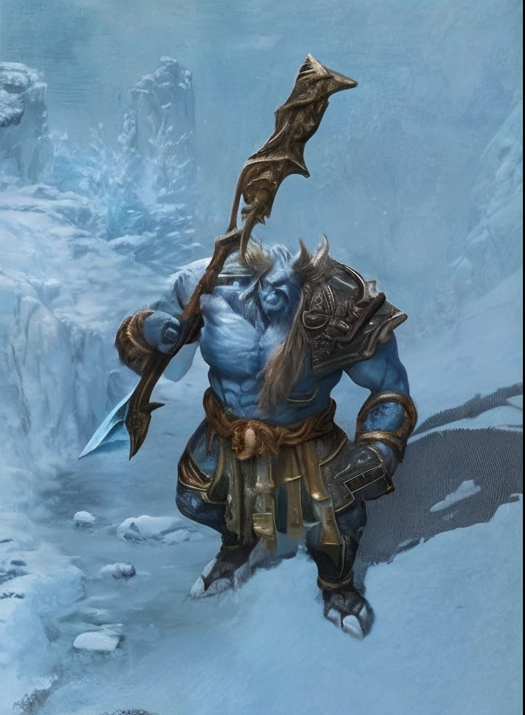 Close-up of a man holding a sword in the snow, frost giant, minotaur from path of exile, god of winter, vigo the carpathian, freezing blue skin, Erebos's Titan, Portrait of the male god Svarog, Theme :《Icewind Dale》, fur-clad barbarian goliath, legendary god holding spear, with leviathan axe