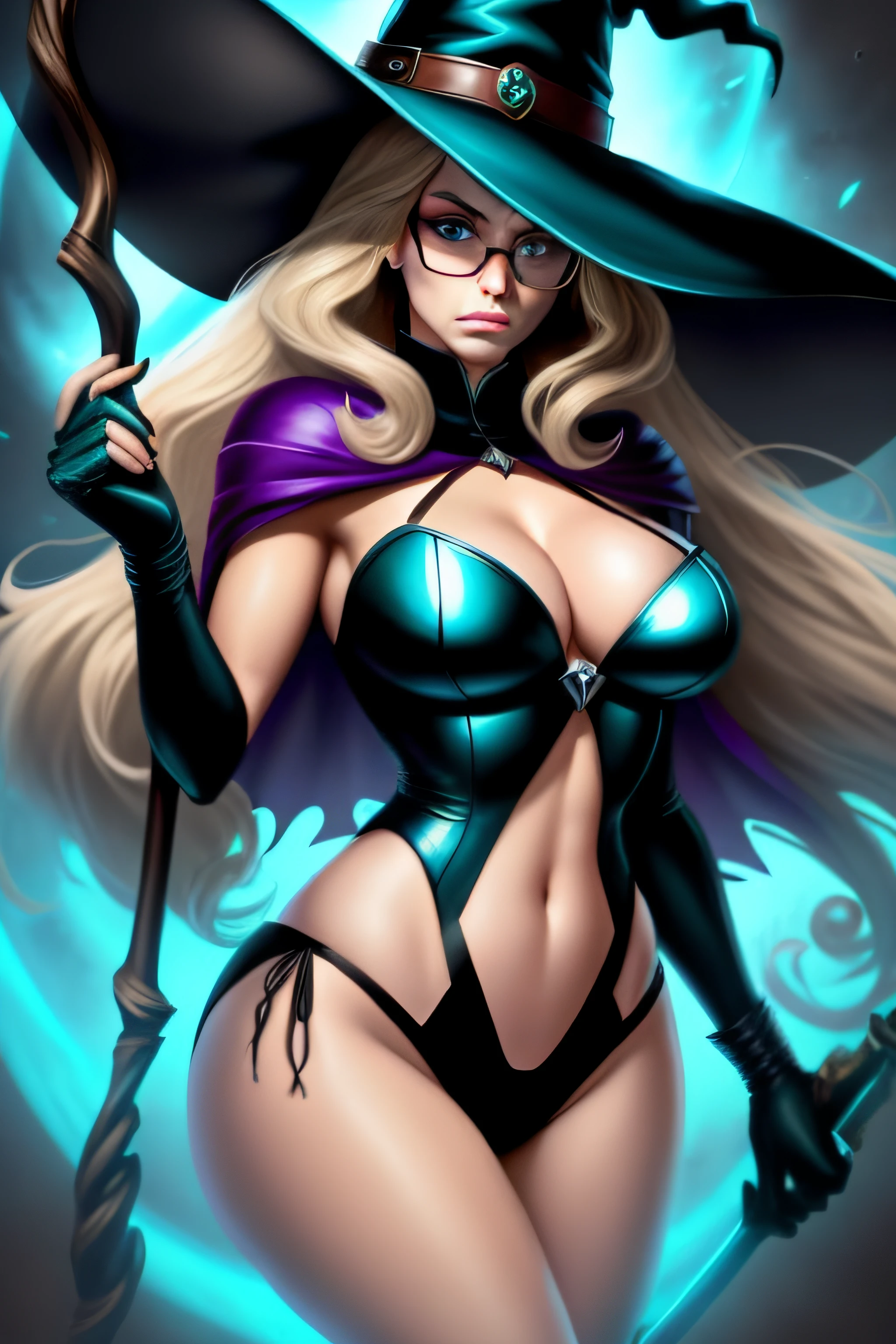 alexa bliss a very beautiful animated sexy woman with a large hat and large wings with a staff, 1girl, breasts, hat, witch hat, solo, long hair, green eyes, glasses, staff, huge breasts, big tits, supple , sexy legs, sexy hips, beautiful face, hannahowo, edgOrgasm, face focus, edgOrgasm_face, Maximoff, cleavage, cape, gloves, helmet, brown hair, blue eyes