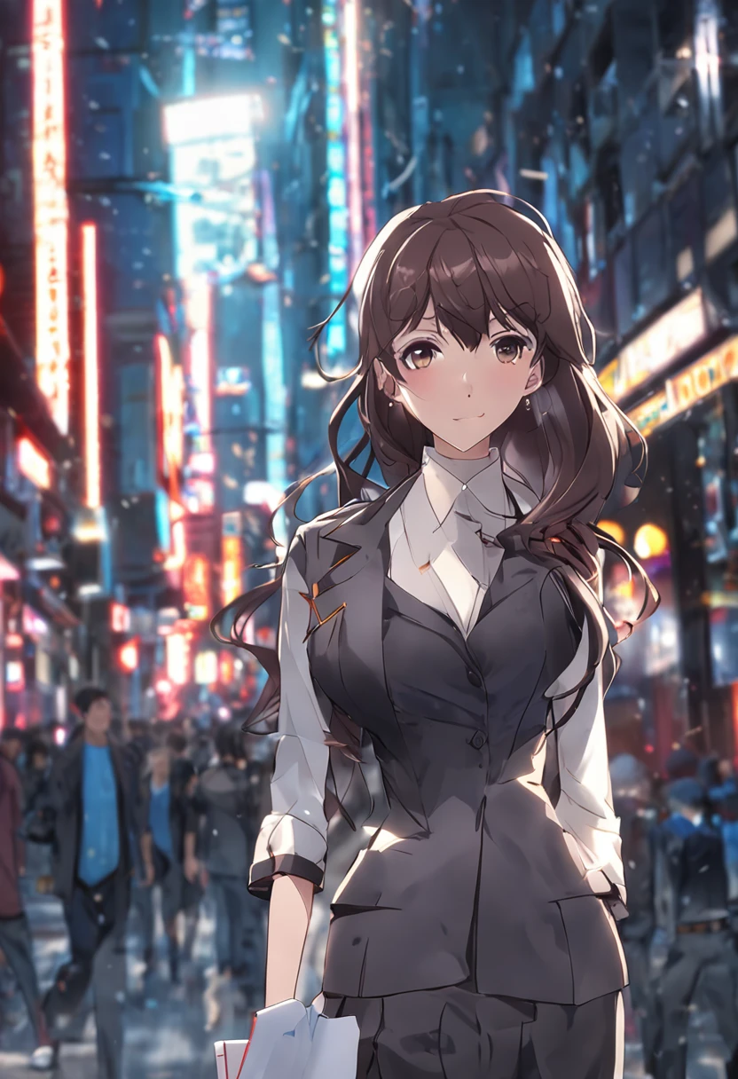 ((Realistic lighting, Bestquality, 8k, MASTERPIECE:1.3)), Sharp Focus:1.2, 1girl, A beauty with a perfect figure:1.4, Slim abs:1.1, ((Dark Brown Hair)), (school uniforms:1.4）,（out door，at nighttime：1.1），City street，Ultra-fine face，Fine eyes，Double eyelidd，