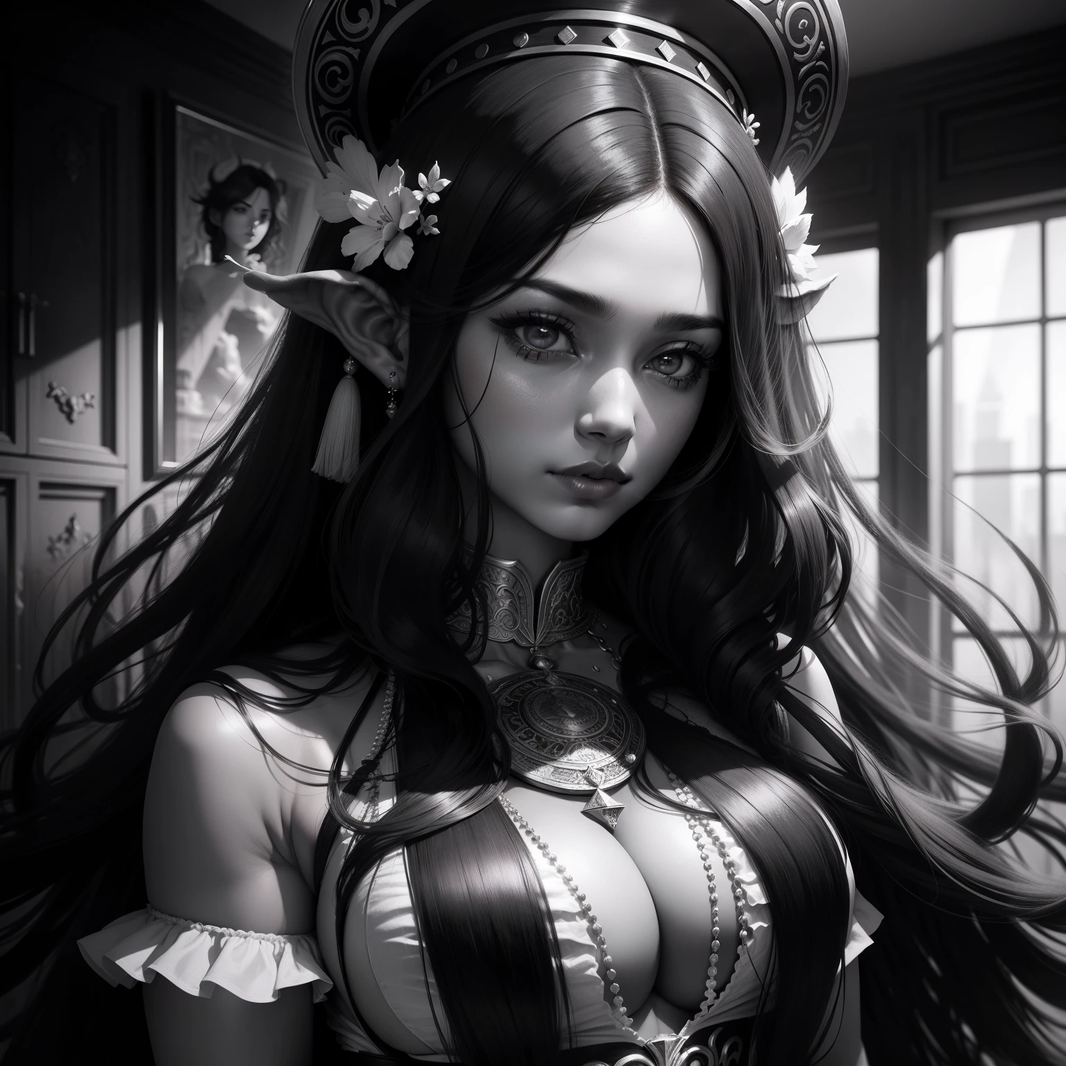 black hair, Black and white filter, Bigchest, big assa, a sense of atmosphere, Long hair, Slightly curly hair, goddes, Surrealism, 8k, super detail