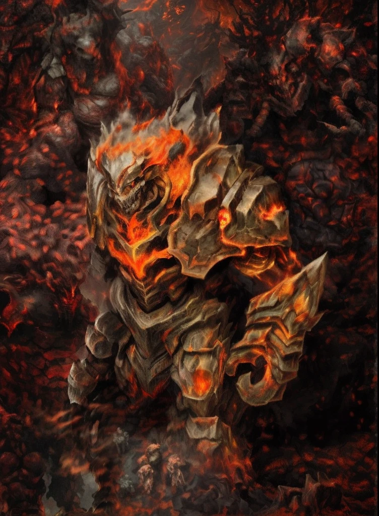 There was a man standing in the forest，Carry a fire, fire golem creature, Volcanic skeleton, theelementoffire, full dress of lava showcase, flame conjuring armored, detailed hot maw, Burnt armor, fire giant, minotaur from path of exile, stone golem, body with black and red lava, black fire color reflected armor, molten