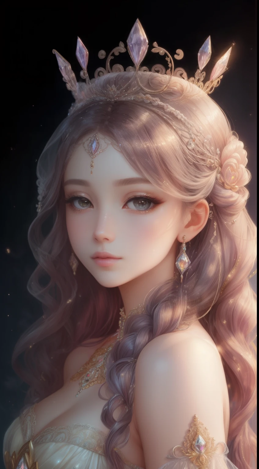 tmasterpiece,Highest high resolution,Beautiful aristocratic maiden,Delicate braided hair,Coiled hair,Shining clear eyes,The hair is covered with beautiful and delicate floral craftsmanship, crystal、Diamond jewelry filigree,Ultra-detailed details,upscaled,softlighting。Pastel, Dreamy, Whimsical, Delicate, Gorgeous golden shell crown, Epic surrealism, The upper part of the body,Meticulous, Magnificent, max details, extremely hyper aesthetic,upscaled